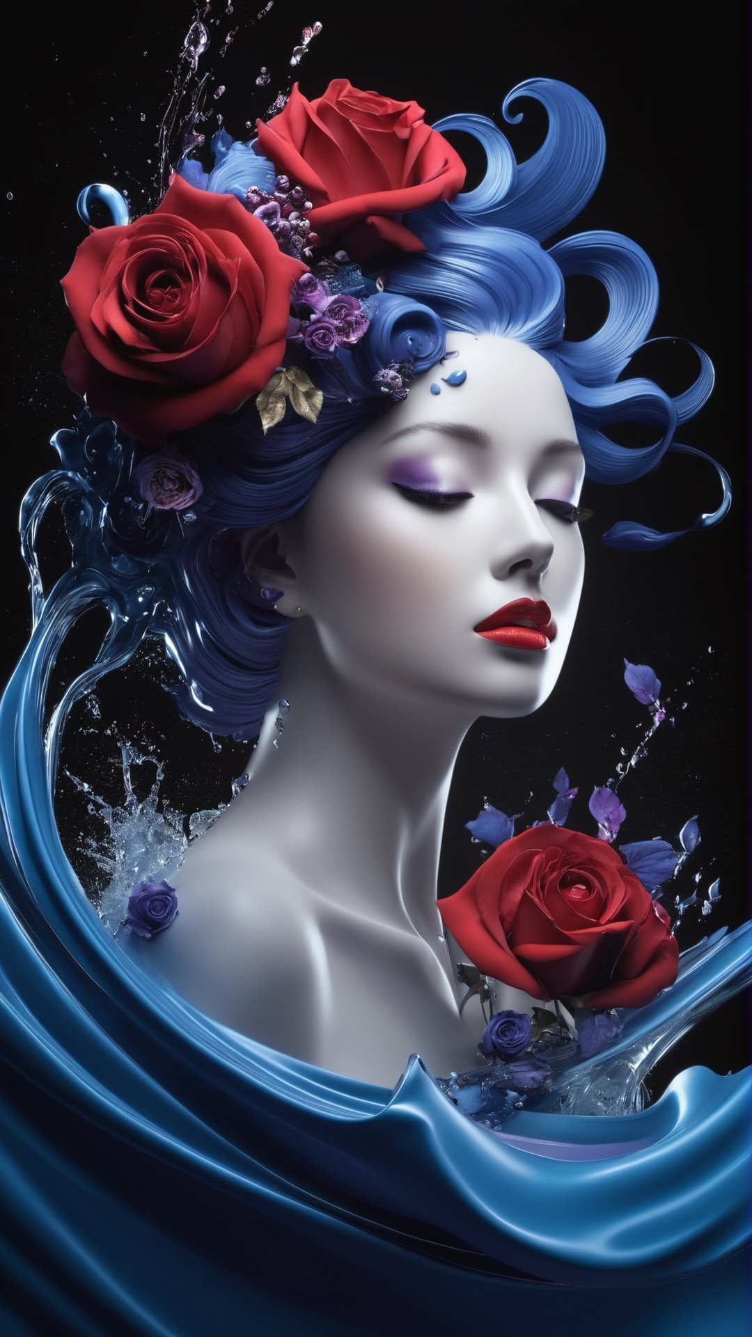 An airbrush artwork by Alberto Seveso featuring a deep blue and white canvas adorned with dynamic water splashes, lively fractals in motion, ornate rococo calligraphy embellishments, and an assortment of lavender and red roses, all set against a rich, dark backdrop. This masterpiece, showcased on platforms like CGSociety and Behance HD, demonstrates exceptional photorealism and was expertly crafted using rendering tools such as Cinema4D and Maya