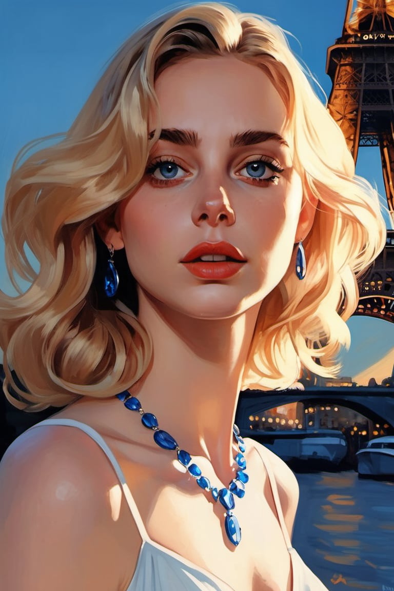 (in the style of Ilya Kuvshinov), Parisian xxmix_girl, masterpiece, best quality, detailed eyes, detailed face, detailed skin, detailed body, (glamour portrait), a Parisian woman with cascading curly blonde hair, gazing the viewer with her crystal blue eyes reflecting wisdom and mystery, a faint dimple gracing her left cheek when she offers a restrained smile, black v-neck shirt, and sapphire necklace adorning her neckline, 