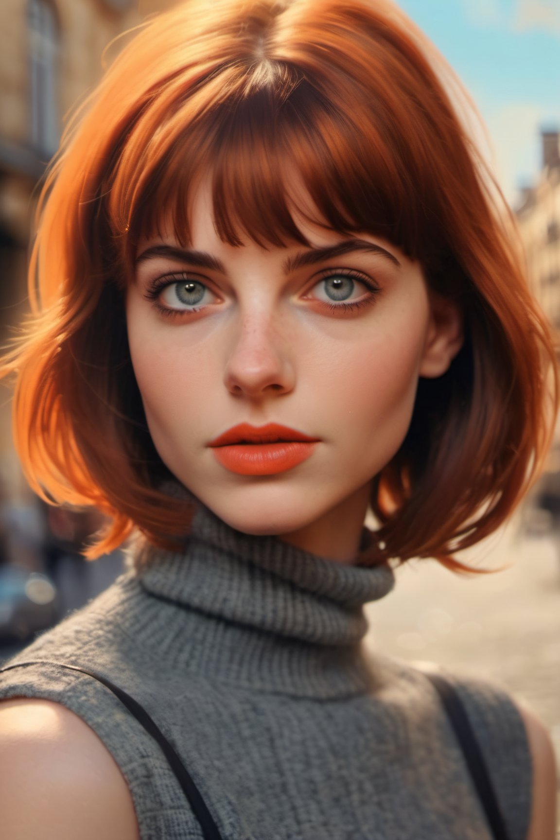 The background is a Paris alley, soft dof, BREAK (in the style of Ilya Kuvshinov:1.2, Tom Lovell:0.5), French Parisian xxmix_girl, masterpiece, best quality, detailed eyes, detailed face, detailed skin, detailed body, (upper body glamour portrait), a French Parisian woman with copper blunt bangs short hair, gazing the viewer with her bright gray eyes reflecting power and intrigue, a faint dimple gracing her left cheek when she offers a restrained smile, dark orange sleeveless turtleneck, 