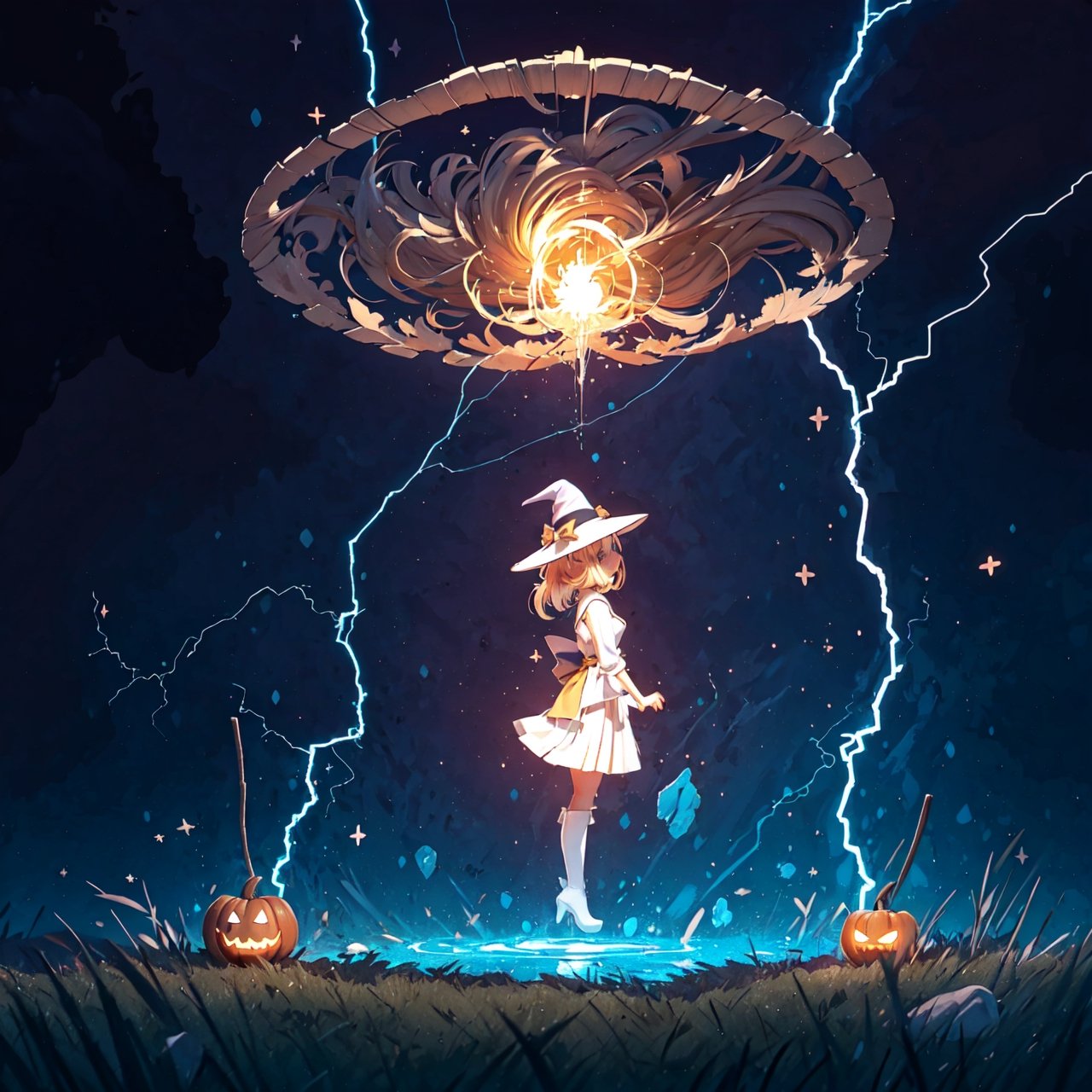 (dark background:1.33), start lights, ruins, full body, chibi, (18year old girl:1.5)), Anime SFW image, beautiful girl, slender figure, young adult, random poses, random angles, A composition that captures the whole body, detailed fan art, witch girl, splash art anime kawaii, bright witch, official artwork, witch hat commission, Cheerful, official fan art, cute art style, best quality, extreme light and shadow, magical wand, white thigh high boots, brown robe, white skirt, night view, bouncing hair, 1 girl, anime style, small face features, large expressive eyes, small nose, thin lips, small chin, soft hands, (realism: 1.2), petite, bangs, (trace the contour with detailed intricate white thin lined crackling shimmering vibrant lightning:1.3), (glowing:1.1), (shimmer and twinkl:1.2), luminism, breathtaking fusion of light, indelible impression, high quality, masterpiece, swirling luminescent ribbons, (halloween theme:1.15), 