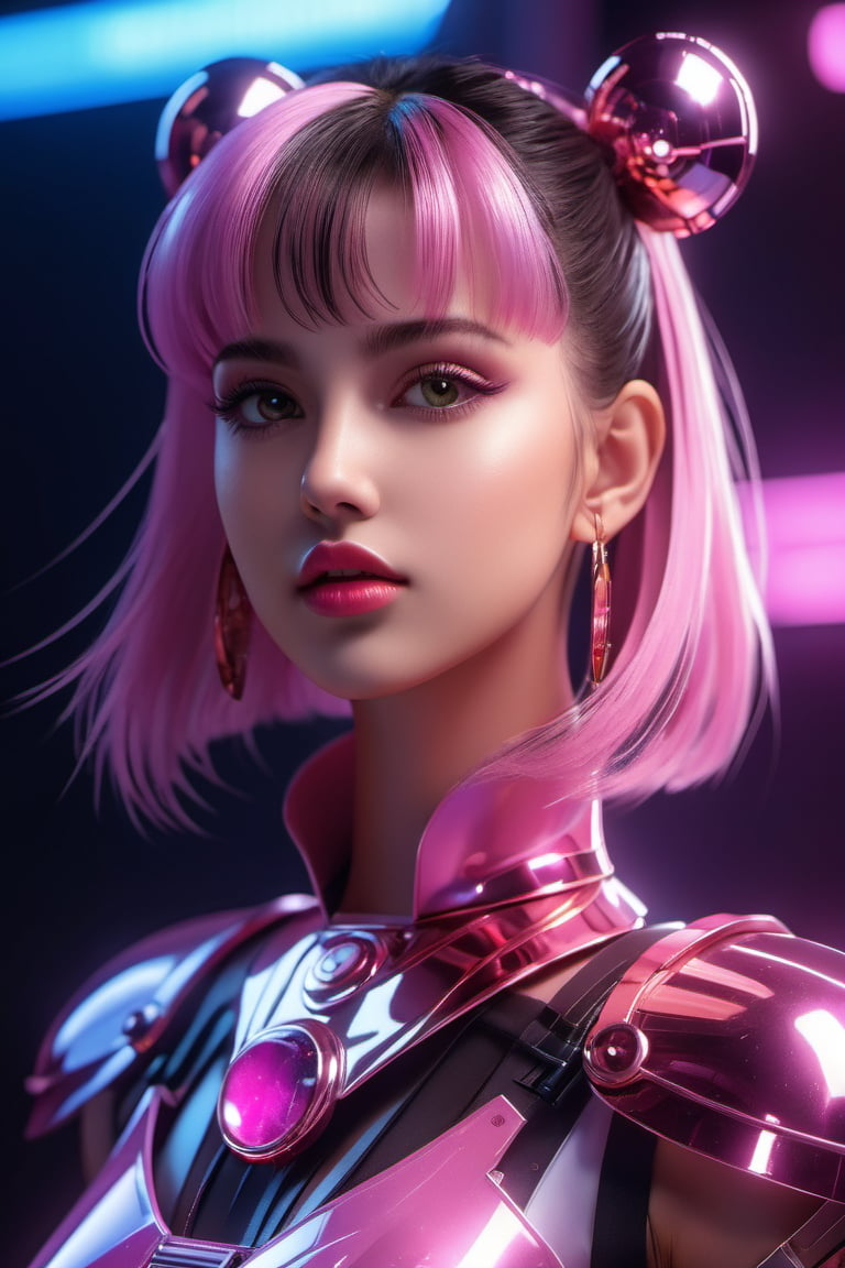 Beautiful sailor moon saturn in a pink reflective robotic suit, cyborg style, head and shoulders portrait Xenia Tchoumitcheva/Franziska Knuppe hybrid 8k resolution concept art portrait by Greg Rutkowski, Artgerm, WLOP, random neon holographic, prismatic, dynamic lighting hyperdetailed intricately detailed Splash art trending on Artstation Unreal Engine 5 volumetric lighting golden ratio dynamic lighting retrofuturism cyberpunk 8k resolution synthwave vaporwave solarpunk futuristic retrofuturism, 