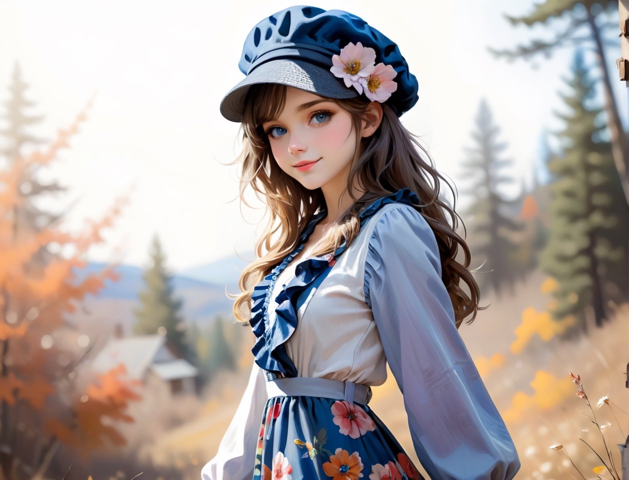 a masterpiece oil painting Portrait of a (chibi, kawaii:1.4), 22 year old, (Petite girl:1.4), (cute detailed blue round eyes, captivating eyes, beautiful detailed grey long hair, Oversized Newsboy Beret), smile, looking at viewer, blush, (beautiful detailed Fall Spring Deep V Neck Ruffle Long Sleeve Floral Print Mini Dress with many frills:1.4), cowboy shot, (dramatic,fantasy world, white background, simple background:1.4),wind, soft natural lighting, soft pastel colors, in the style of richly detailed genre paintings, delicate brushstrokes, claude monet, intricate, in the style of russ mills, michael garmash, charming sketches, mono-ha, contemporary asian art, lilia alvarado, concise brushwork, ,Anime ,hentai