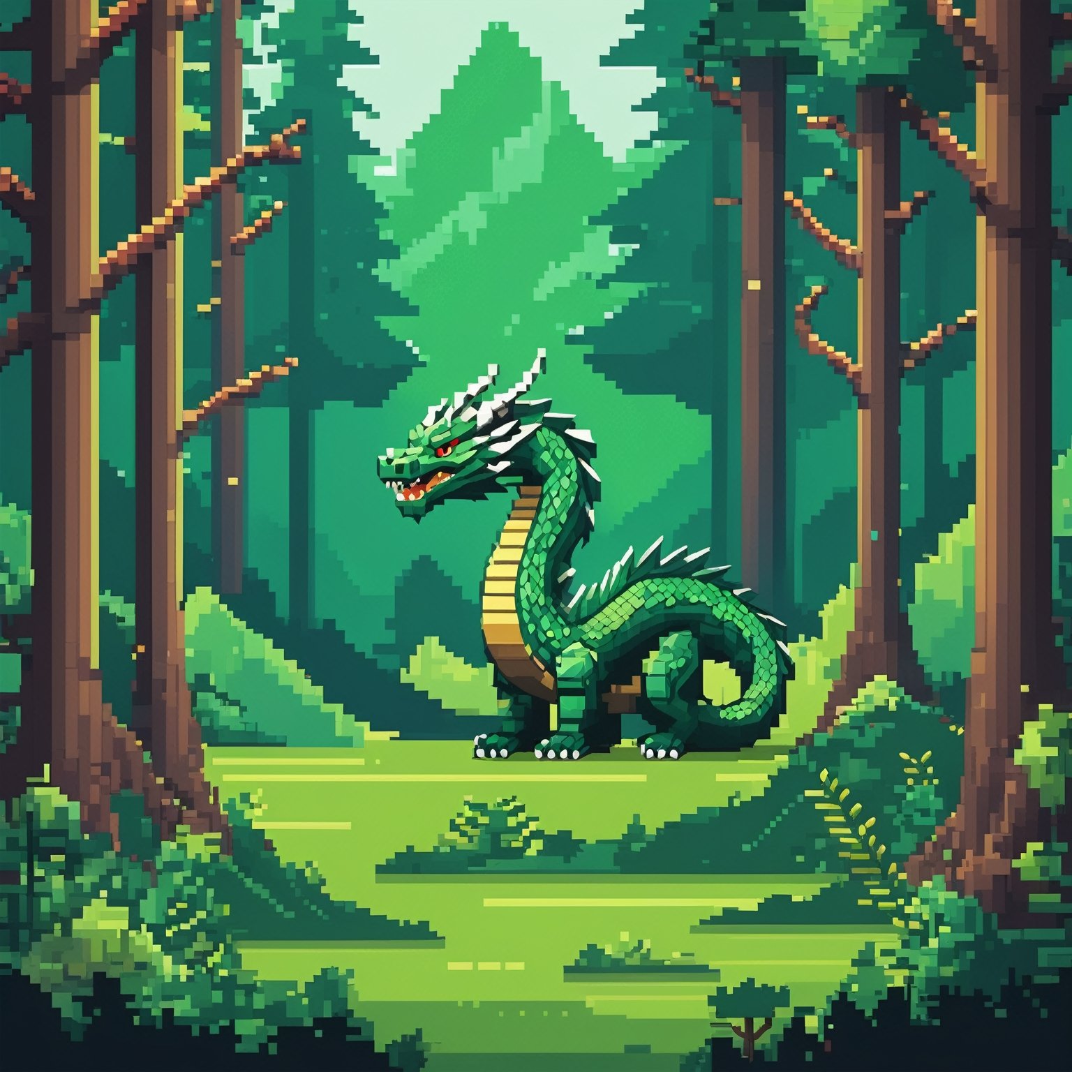 (parallax forest background),  (8-bit turbo graphics 16 game, pixel dragon with snake body), random body colors:1.15, 