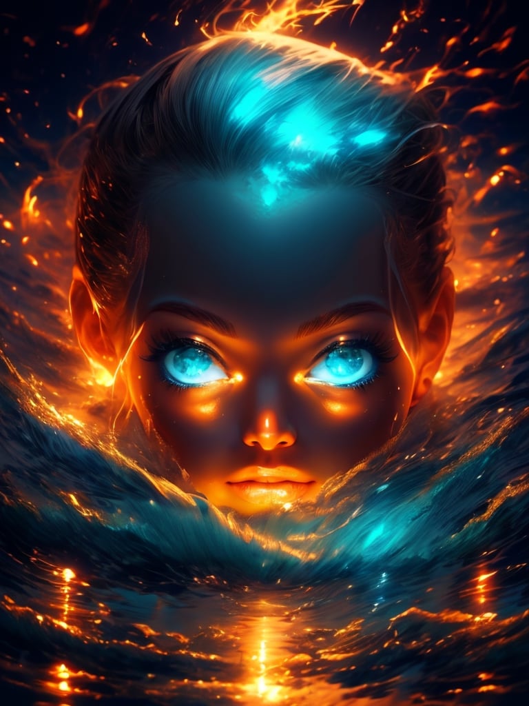 The girl's face looks out of the water, lying in the water, turquoise eyes, looking up, relaxed, crystal clear water, top view, excellent quality, elaborate and complex details, masterpiece, glare, reflections, shine water, glowing,High detailed ,GlowingRunes_,r1ge,DeepJourney