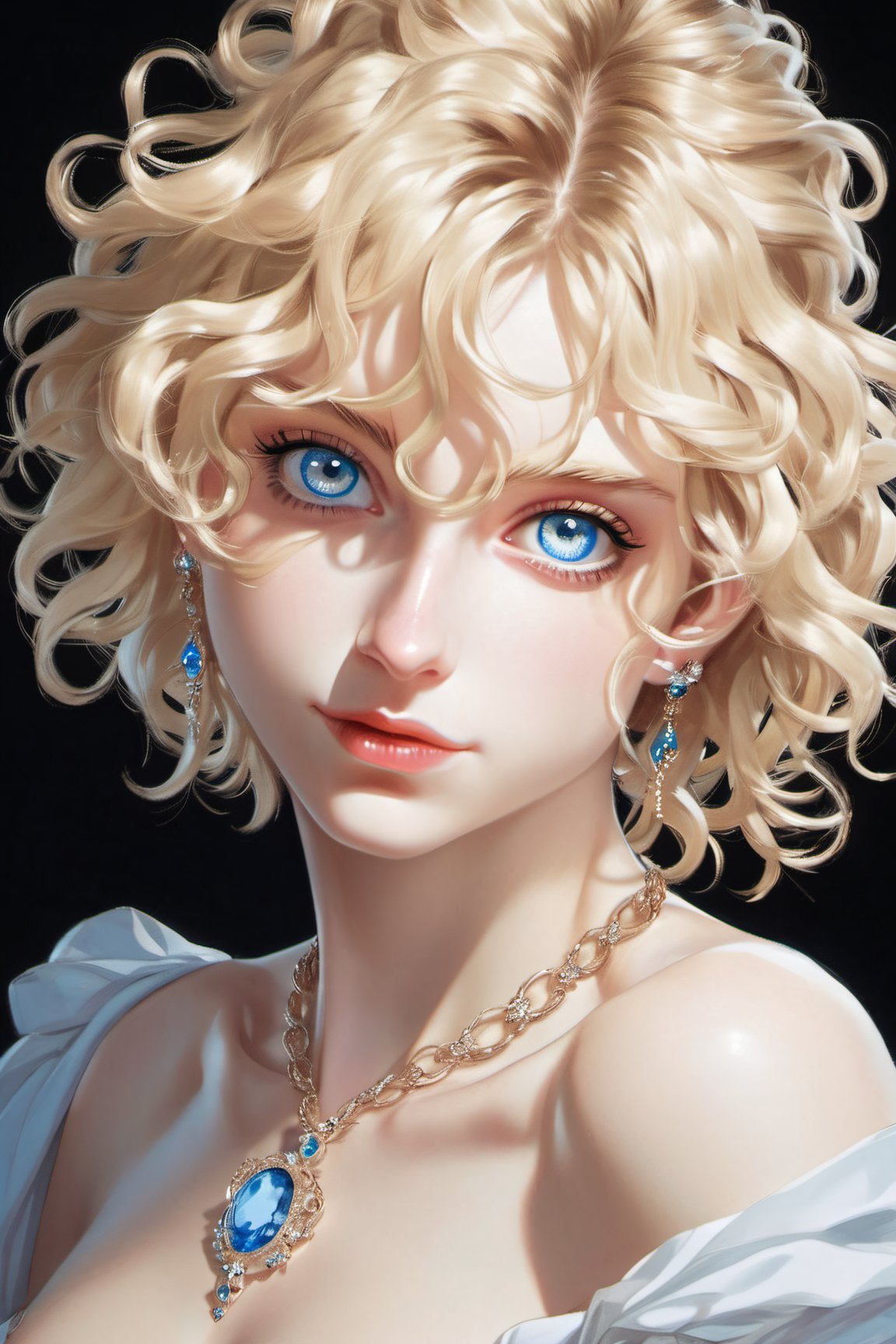 (in the style of Ilya Kuvshinov), Parisian xxmix_girl, masterpiece, best quality, detailed eyes, detailed face, detailed skin, detailed body, (glamour portrait), a Parisian woman with cascading curly blonde hair, gazing the viewer with her crystal blue eyes reflecting wisdom and mystery, a faint dimple gracing her left cheek when she offers a restrained smile, black v-neck shirt, and sapphire necklace adorning her neckline, 