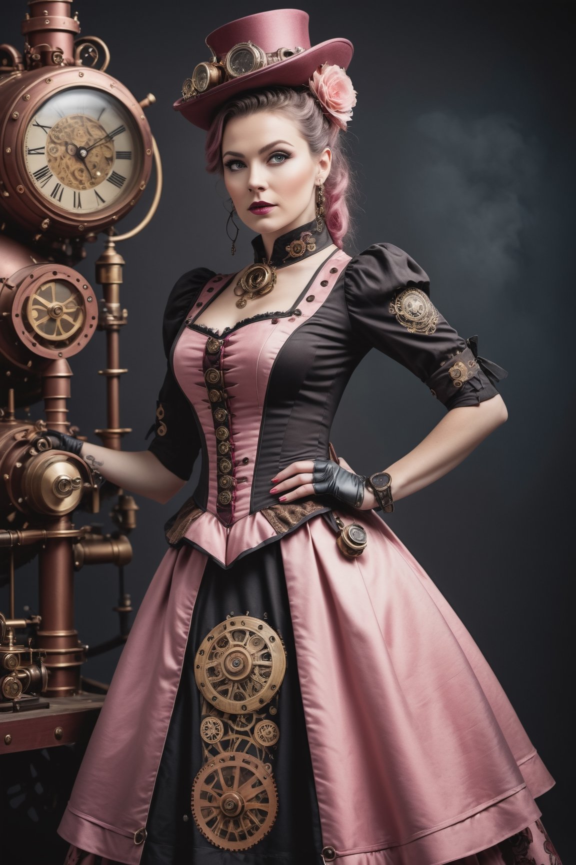 at full height a white woman in an pink steampunk dress poses against the dark, in the style of painted khokhloma, high contrast black and white, dark red and dark gold, paleocore, flickr, tattoo, Movie, Diagonal Angle Asymmetrical hyperrealistic, 8k, photography, detailed skin, global illumination, highly detailed, high detail raw color, diffused soft lighting,steampunk style