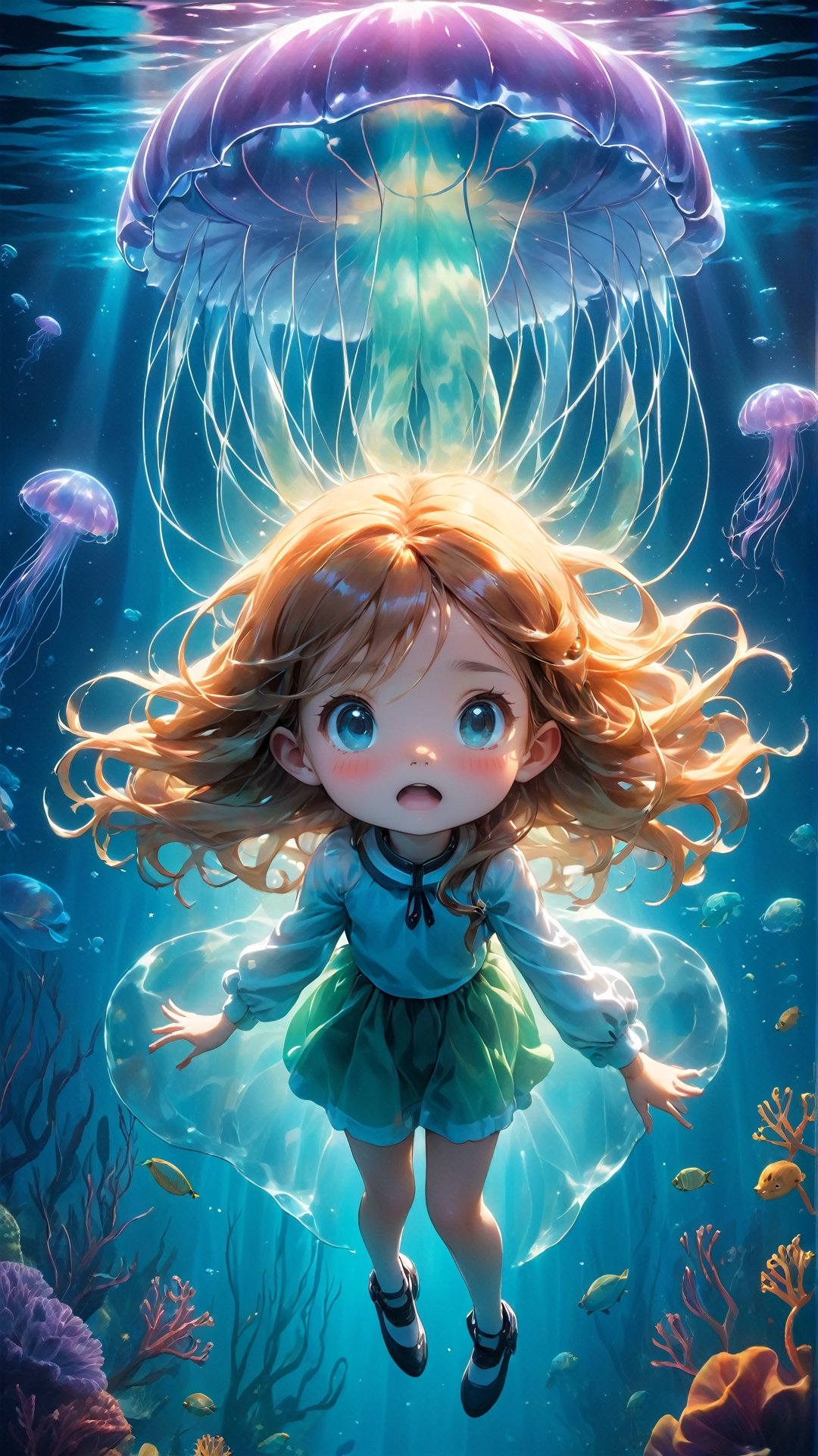 through the transparent barrier of an underwater observation pod, a terrified young girl gazes wide-eyed at the colossal figure of a Lion’s Mane Jellyfish. The glass wall magnifies the immense Jellyfish's size, highlighting its tentacles and baggy fluid-like body and vibrant bioluminescence colors. The girl's fear is palpable, her small frame contrasted against the overwhelming might of the ancient creature outside. The underwater scene is enveloped in an eerie blue-green glow, illuminated by the pod's artificial lighting. This tense and dramatic moment is captured as a hauntingly realistic photograph, taken with a telephoto lens that captures both the intricate details of the Lion’s Mane Jellyfish features and the raw emotion etched across the girl's face.