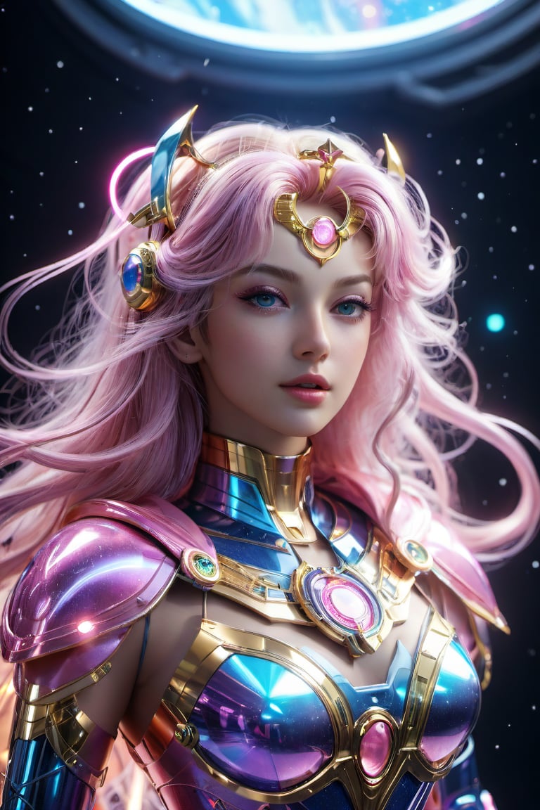 (wide_angle _view, full_body_shot, must include arms hands and legs), (zero gravity, weightlessness, floating in space, floating_hair), Beautiful sailor moon saturn in a pink reflective robotic suit, cyborg style, Xenia Tchoumitcheva/Franziska Knuppe hybrid, (in space, stars, space battle, starships, light rails, light particles), 8k resolution concept art portrait by Greg Rutkowski, Artgerm, WLOP, random neon holographic, prismatic, dynamic lighting hyperdetailed intricately detailed Splash art trending on Artstation Unreal Engine 5 volumetric lighting golden ratio dynamic lighting retrofuturism cyberpunk 8k resolution synthwave vaporwave solarpunk futuristic retrofuturism, ,bingnvwang, 