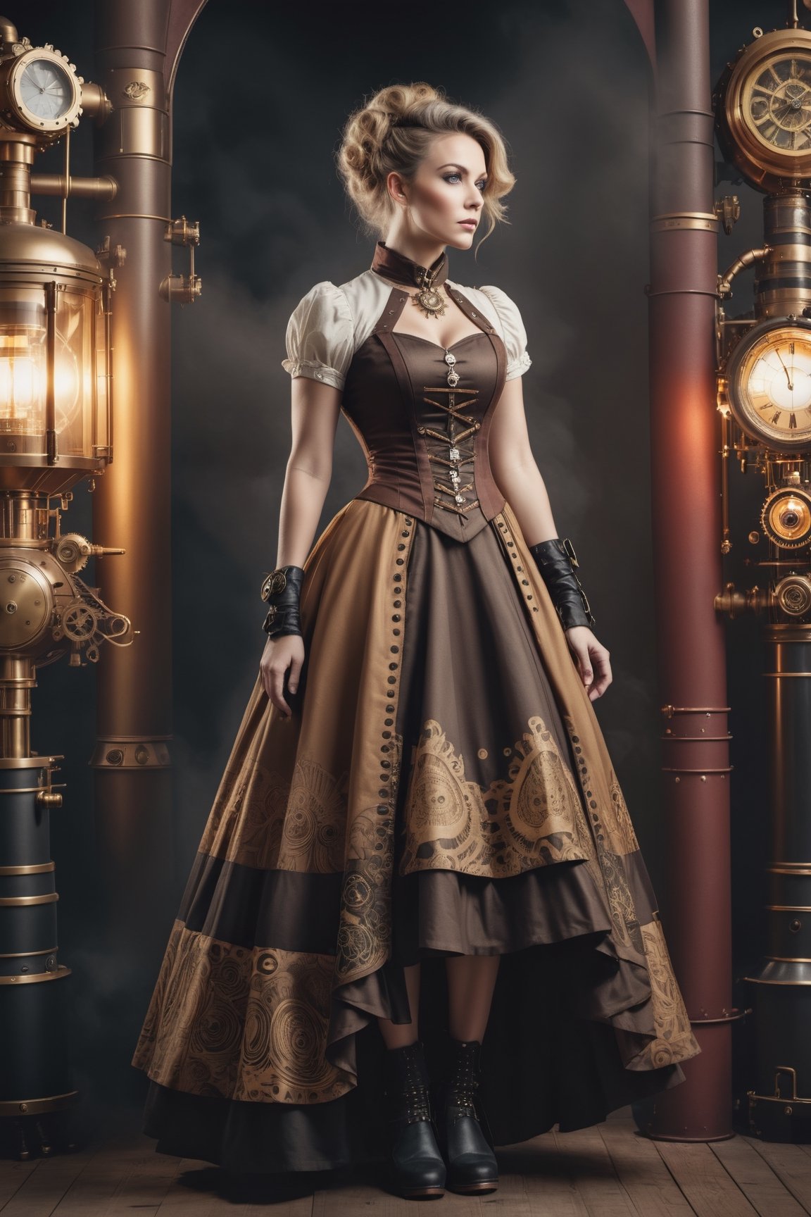 at full height a white woman in an tan and brown steampunk dress poses against the dark, in the style of painted khokhloma, high contrast black and white, dark red and dark gold, paleocore, flickr, tattoo, Movie, Diagonal Angle Asymmetrical hyperrealistic, 8k, photography, detailed skin, global illumination, highly detailed, high detail raw color, diffused soft lighting,steampunk style,steampunk