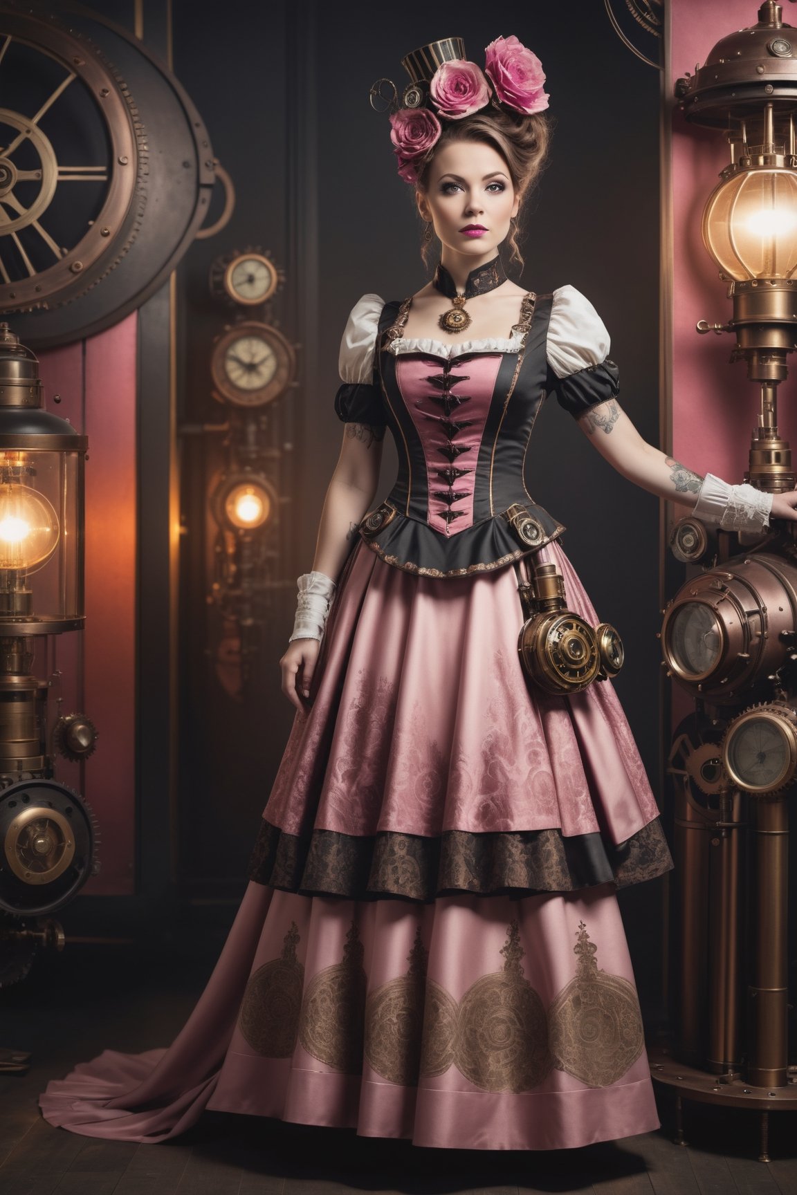 at full height a white woman in an pink steampunk dress poses against the dark, in the style of painted khokhloma, high contrast black and white, dark red and dark gold, paleocore, flickr, tattoo, Movie, Diagonal Angle Asymmetrical hyperrealistic, 8k, photography, detailed skin, global illumination, highly detailed, high detail raw color, diffused soft lighting,steampunk style