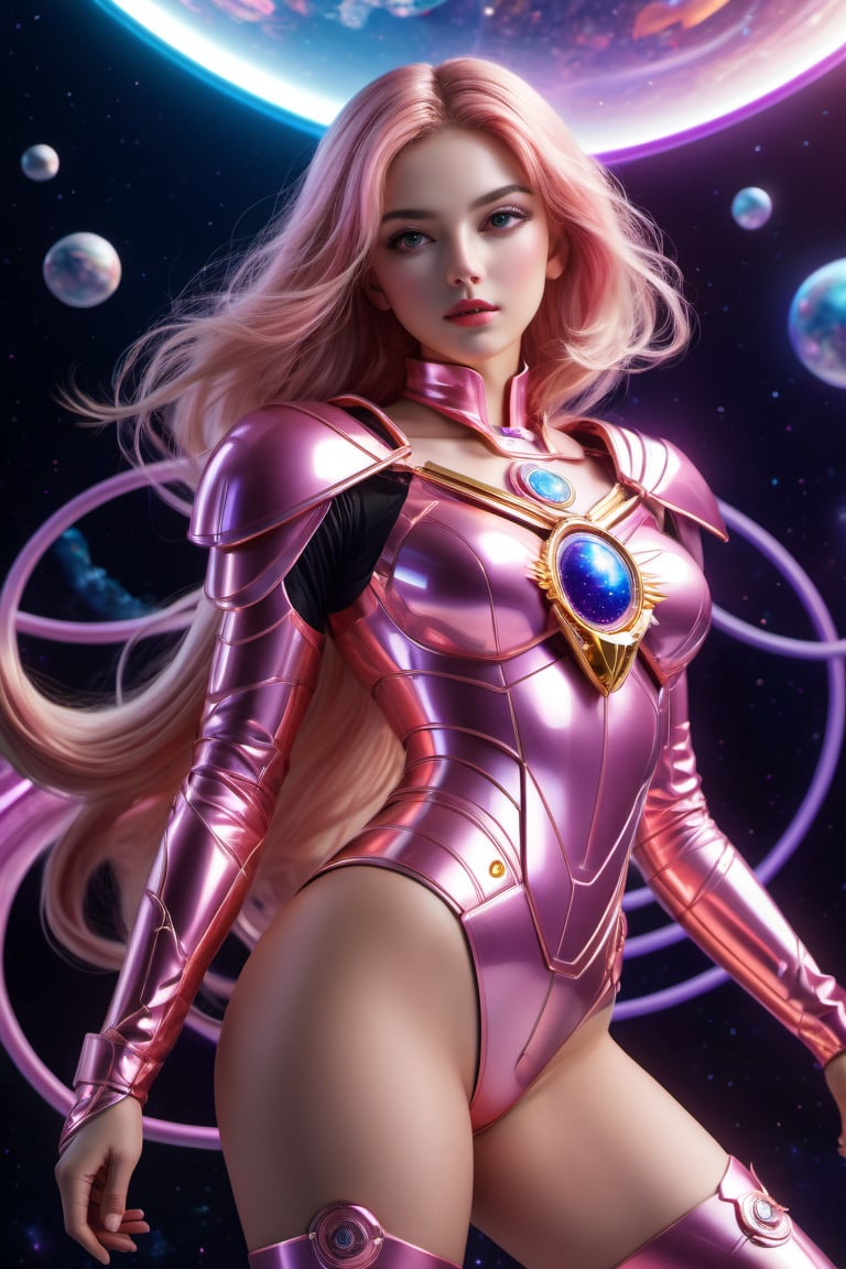 (wide_angle _view, full_body_shot), (zero gravity, weightlessness, floating in space, floating_hair), Beautiful sailor moon saturn in a pink reflective robotic suit, cyborg style, Xenia Tchoumitcheva/Franziska Knuppe hybrid, (in space, stars, space battle, starships, light rails, light particles), 8k resolution concept art portrait by Greg Rutkowski, Artgerm, WLOP, random neon holographic, prismatic, dynamic lighting hyperdetailed intricately detailed Splash art trending on Artstation Unreal Engine 5 volumetric lighting golden ratio dynamic lighting retrofuturism cyberpunk 8k resolution synthwave vaporwave solarpunk futuristic retrofuturism, 