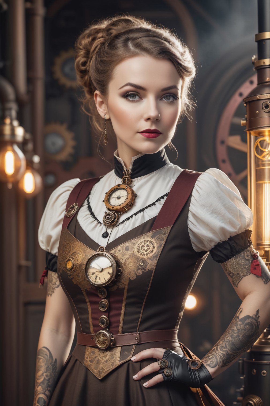 at full height a white woman in an tan and brown steampunk dress poses against the dark, in the style of painted khokhloma, high contrast black and white, dark red and dark gold, paleocore, flickr, tattoo, Movie, Diagonal Angle Asymmetrical hyperrealistic, 8k, photography, detailed skin, global illumination, highly detailed, high detail raw color, diffused soft lighting,steampunk style,steampunk