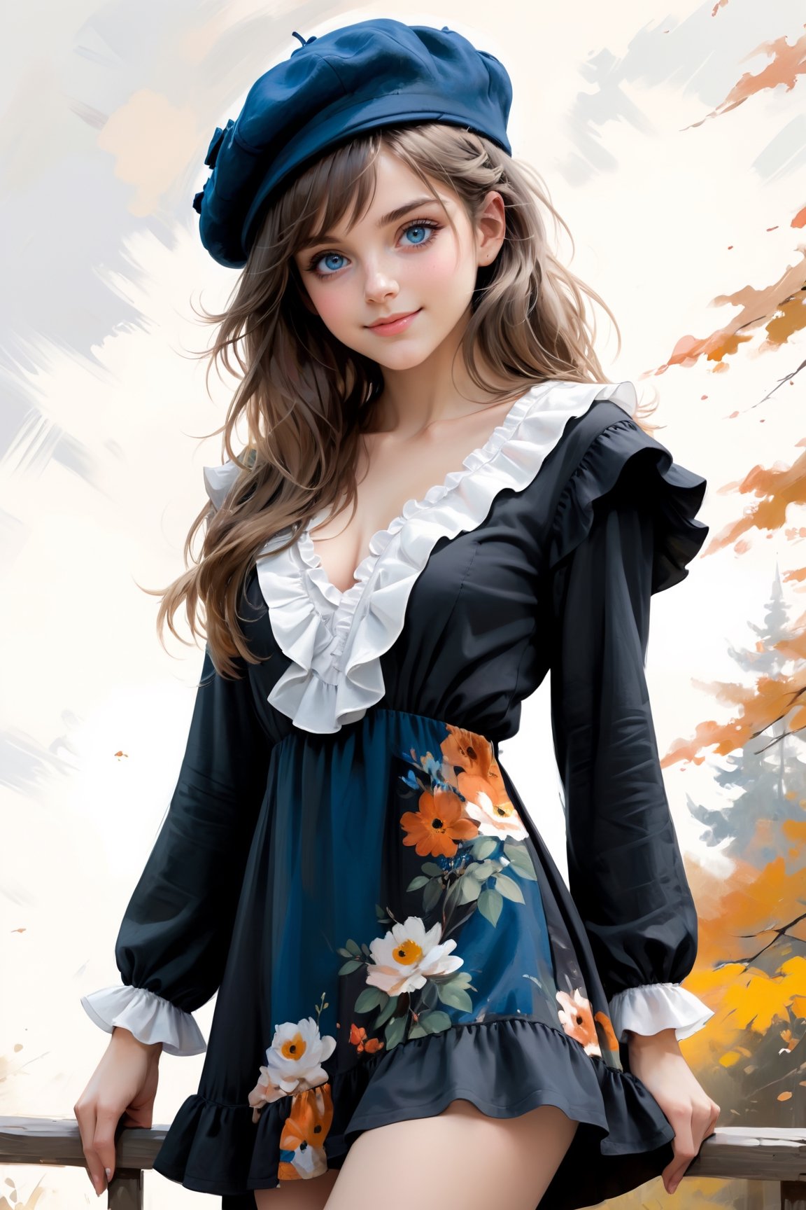 a masterpiece oil painting Portrait of a (chibi, kawaii:1.4), 22 year old, (Petite girl:1.4), (cute detailed blue round eyes, captivating eyes, beautiful detailed grey long hair, Oversized Newsboy Beret), smile, looking at viewer, blush, (beautiful detailed Fall Spring Deep V Neck Ruffle Long Sleeve Floral Print Mini Dress with many frills:1.4), cowboy shot, (dramatic,fantasy world, white background, simple background:1.4),wind, soft natural lighting, soft pastel colors, in the style of richly detailed genre paintings, delicate brushstrokes, claude monet, intricate, in the style of russ mills, michael garmash, charming sketches, mono-ha, contemporary asian art, lilia alvarado, concise brushwork, ,Anime ,hentai