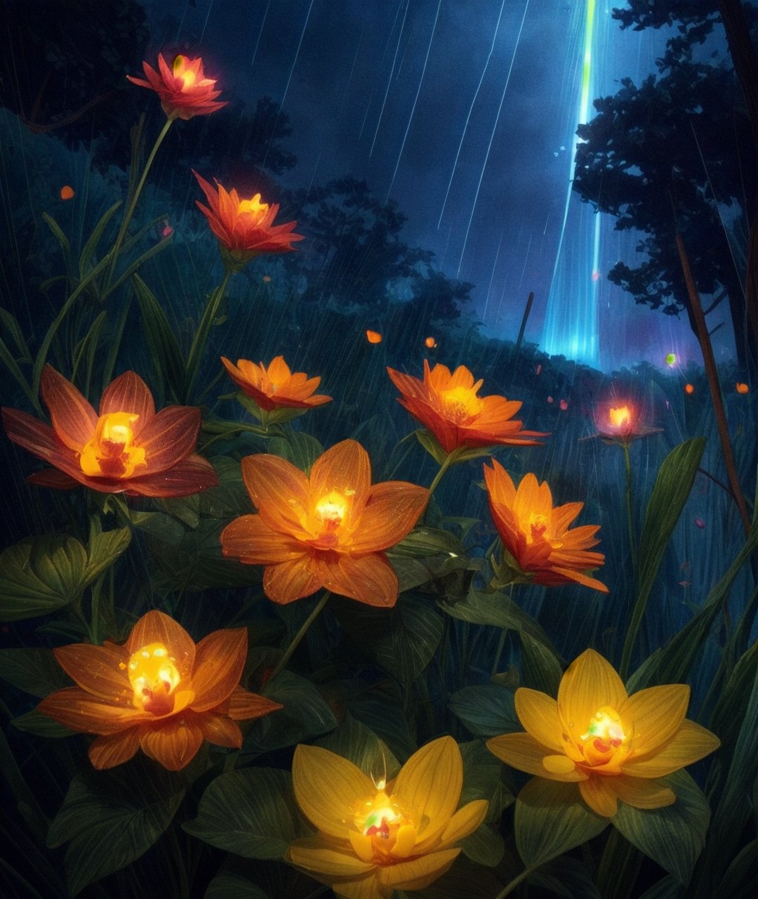 flowers, night, fireflies, warm lighting, detailed, ((bioluminescent raindrops)) on flower, high quality, masterpiece, best quality, great detail, creative, imaginative design, ,More Detail