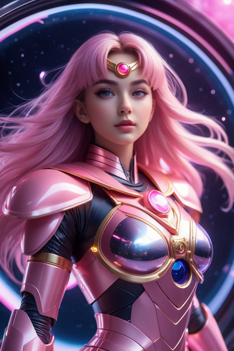 (wide_angle _view, full_body_shot), (zero gravity, weightlessness, floating in space, floating_hair), Beautiful sailor moon saturn in a pink reflective robotic suit, cyborg style, Xenia Tchoumitcheva/Franziska Knuppe hybrid, (in space, stars, space battle, starships, light rails, light particles), 8k resolution concept art portrait by Greg Rutkowski, Artgerm, WLOP, random neon holographic, prismatic, dynamic lighting hyperdetailed intricately detailed Splash art trending on Artstation Unreal Engine 5 volumetric lighting golden ratio dynamic lighting retrofuturism cyberpunk 8k resolution synthwave vaporwave solarpunk futuristic retrofuturism, 