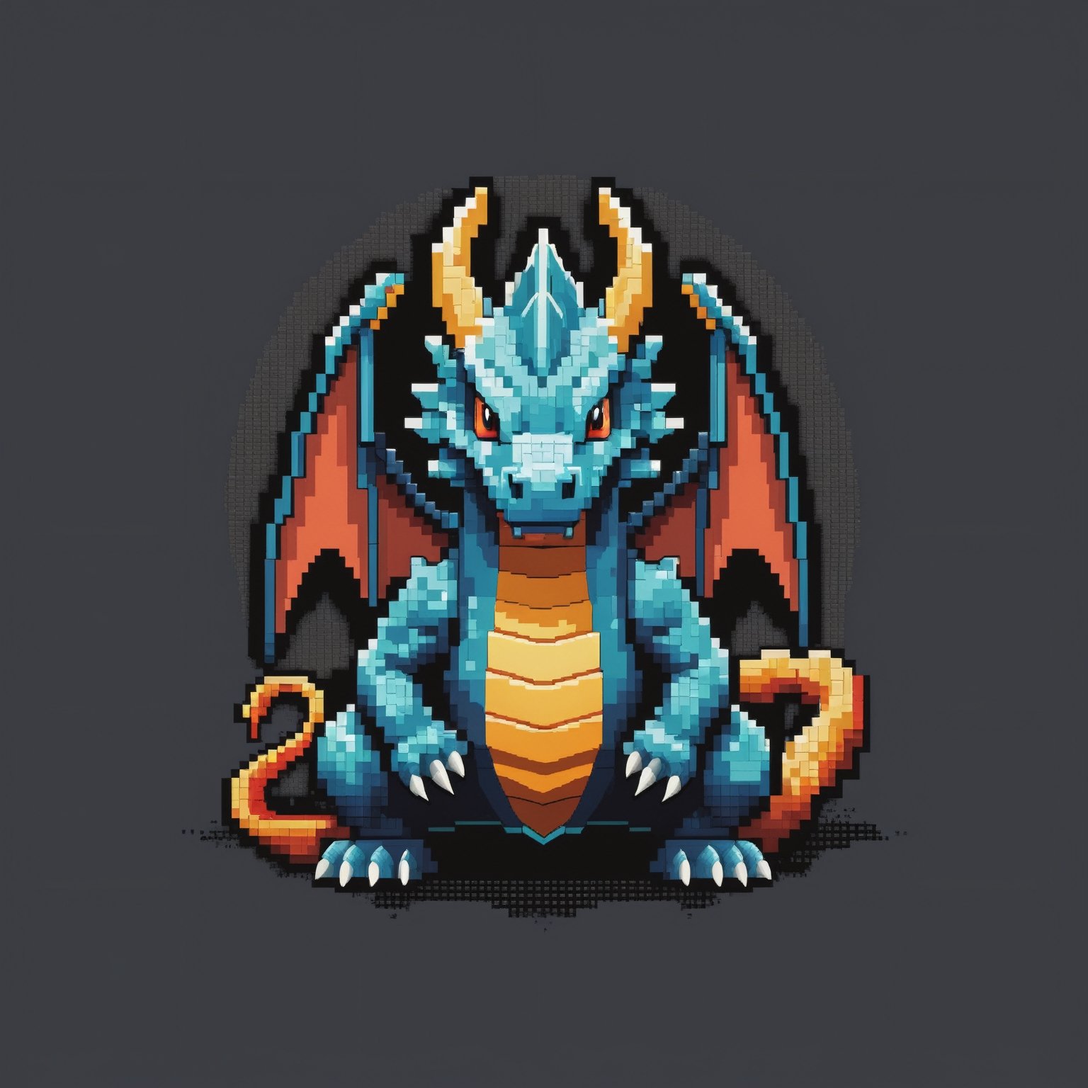 dark gray background, 8-bit nintendo game, pixel dragon with snake body, 