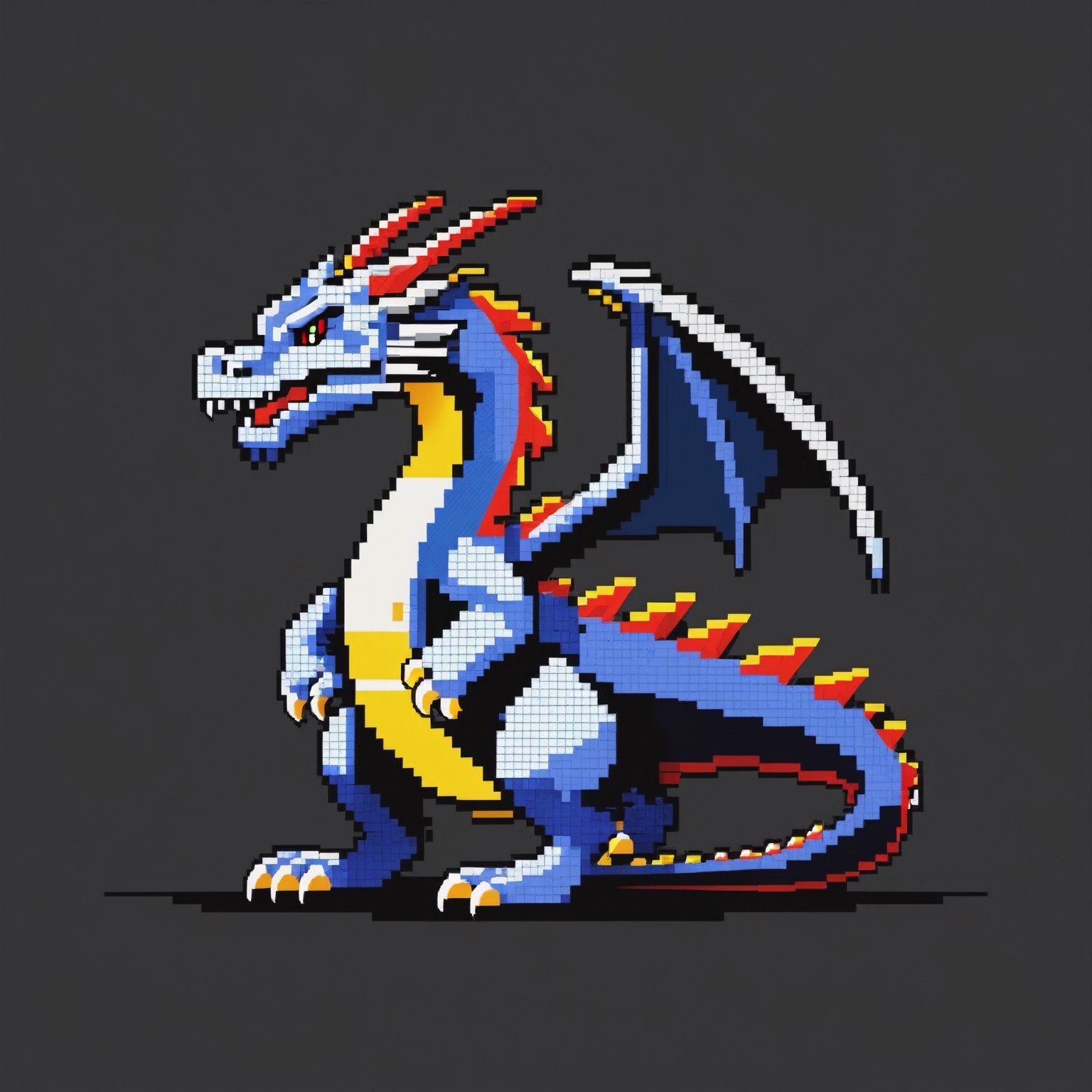 dark gray background, 8-bit nintendo game, pixel dragon with snake body, 