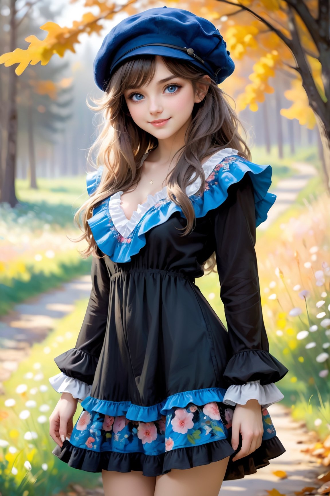 a masterpiece oil painting Portrait of a (chibi, kawaii:1.4), 22 year old, (Petite girl:1.4), (cute detailed blue round eyes, captivating eyes, beautiful detailed grey long hair, Oversized Newsboy Beret), smile, looking at viewer, blush, (beautiful detailed Fall Spring Deep V Neck Ruffle Long Sleeve Floral Print Mini Dress with many frills:1.4), cowboy shot, (dramatic,fantasy world, white background, simple background:1.4),wind, soft natural lighting, soft pastel colors, in the style of richly detailed genre paintings, delicate brushstrokes, claude monet, intricate, in the style of russ mills, michael garmash, charming sketches, mono-ha, contemporary asian art, lilia alvarado, concise brushwork, ,Anime ,hentai