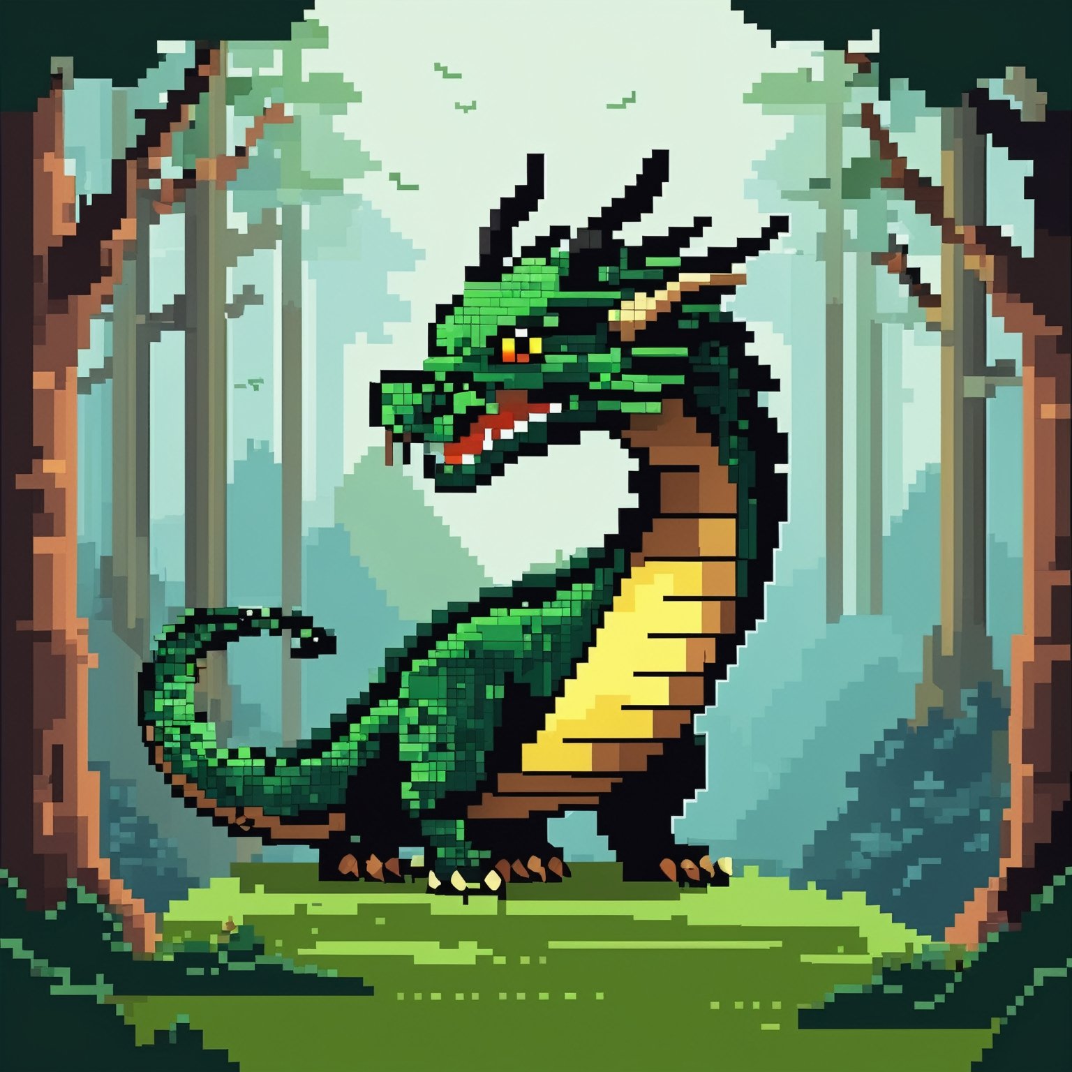 (parallax forest background),  (8-bit turbo graphics 16 game, pixel dragon with snake body), random body colors:1.15, 