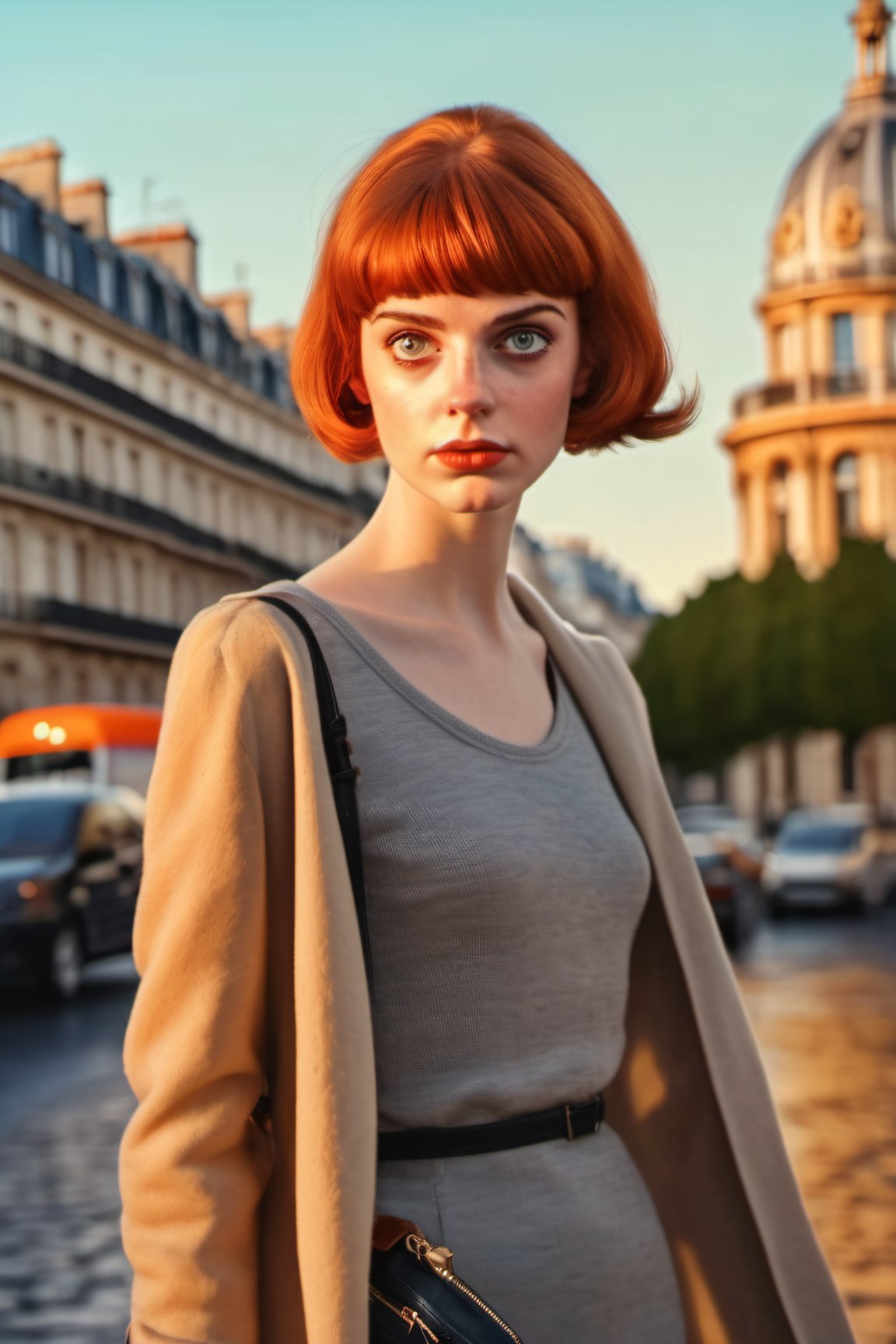 The background is a Paris alley, soft dof, BREAK (in the style of Ilya Kuvshinov:1.2, Tom Lovell:0.5), French Parisian xxmix_girl, masterpiece, best quality, detailed eyes, detailed face, detailed skin, detailed body, (upper body glamour portrait), a French Parisian woman with copper blunt bangs short hair, gazing the viewer with her bright gray eyes reflecting power and intrigue, a faint dimple gracing her left cheek when she offers a restrained smile, dark orange sleeveless turtleneck, 