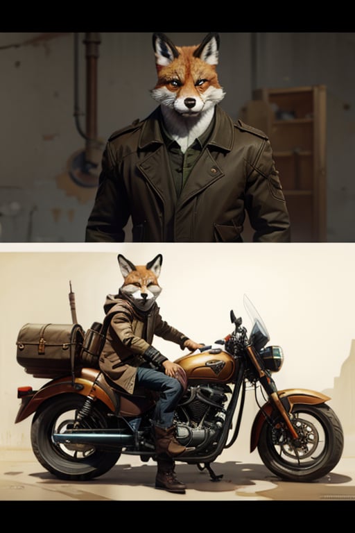 room2, a drawing of animal fox dressed in a trench coat, solo, anthropomorphic fox, foxish guy in a trench coat, fox mechanic, working on a motorcycle, zootopia concept art, great character design, high quality character design, expert high detail concept art, arcane style, 