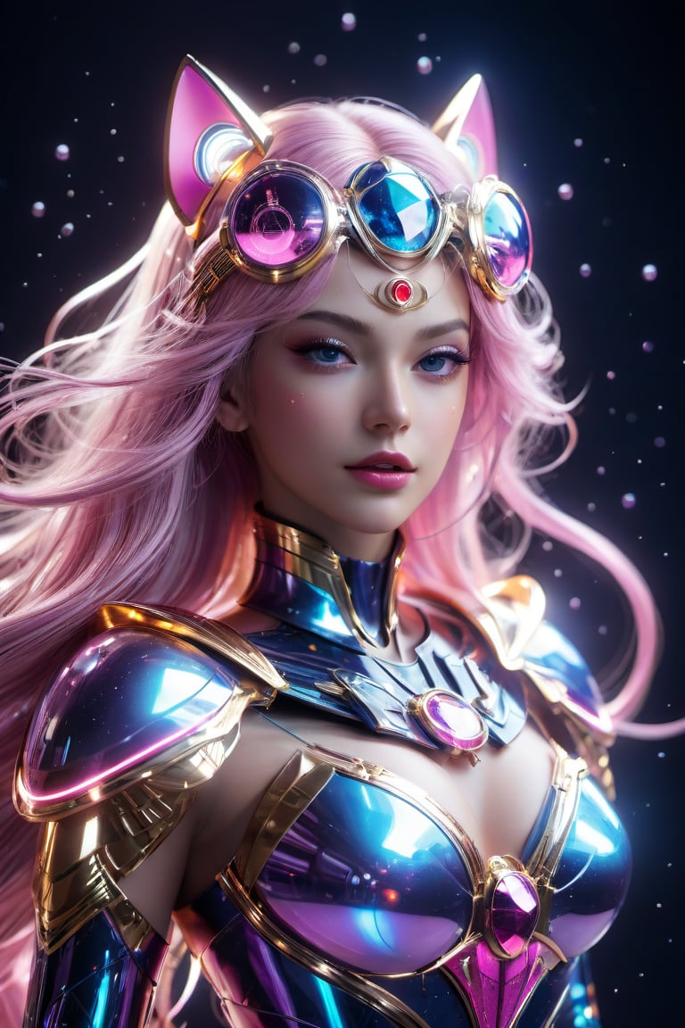 (wide_angle _view, full_body_shot), (zero gravity, weightlessness, floating in space, floating_hair), Beautiful sailor moon saturn in a pink reflective robotic suit, cyborg style, Xenia Tchoumitcheva/Franziska Knuppe hybrid, (in space, stars, space battle, starships, light rails, light particles), 8k resolution concept art portrait by Greg Rutkowski, Artgerm, WLOP, random neon holographic, prismatic, dynamic lighting hyperdetailed intricately detailed Splash art trending on Artstation Unreal Engine 5 volumetric lighting golden ratio dynamic lighting retrofuturism cyberpunk 8k resolution synthwave vaporwave solarpunk futuristic retrofuturism, ,bingnvwang, must include arms and hands, 