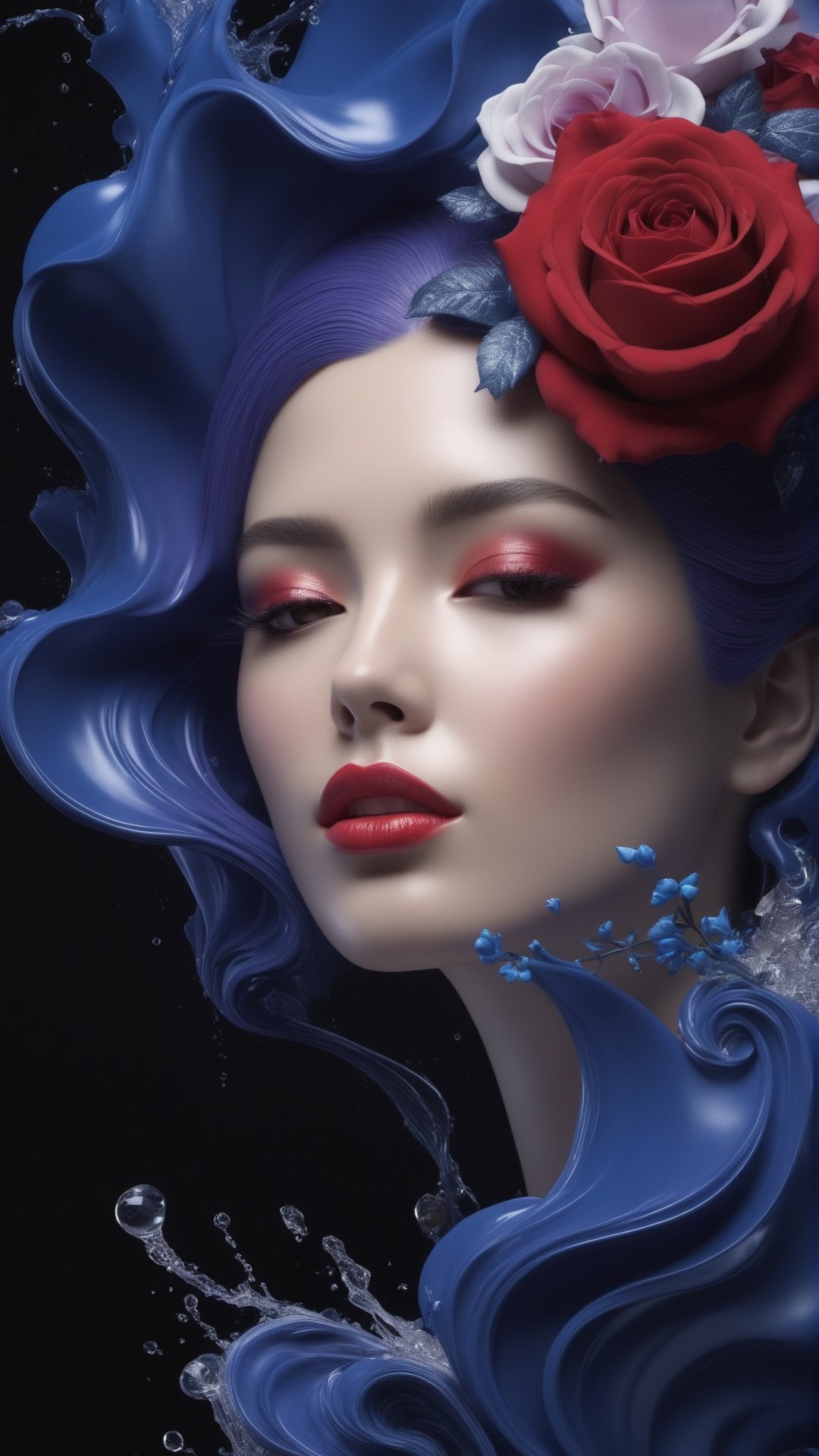 An airbrush artwork by Alberto Seveso featuring a deep blue and white canvas adorned with dynamic water splashes, lively fractals in motion, ornate rococo calligraphy embellishments, and an assortment of lavender and red roses, all set against a rich, dark backdrop. This masterpiece, showcased on platforms like CGSociety and Behance HD, demonstrates exceptional photorealism and was expertly crafted using rendering tools such as Cinema4D and Maya