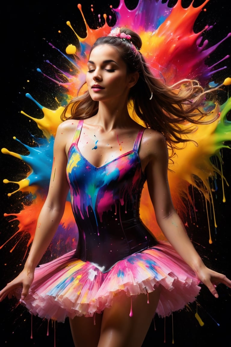 Vibrant, dynamic, and colourful portrait photography featuring paint splashes. dripping paint, High-speed shutter, speedlight flash, long exposure. Blended light, artistic composition, amazing OHWX dressed as a ballerina, High-quality, ultra high-resolution image,