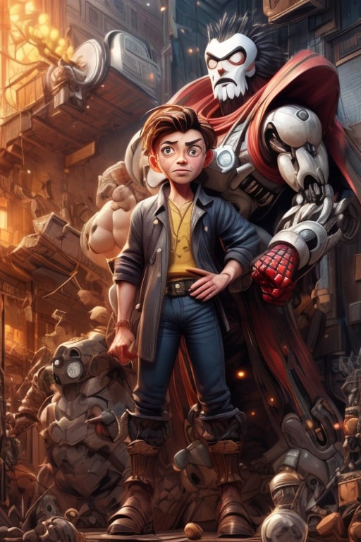 DonMASKTex, solo, monk ((Peter Parker:1.15)) (wearing a mecha becomes a clockwork gangster:1.0), detailed, artstation, [ghibli studio], ((pixar, dreamworks:1.4)), Marvel, Marvel Comics, epic composition, gothic, gothpunk, unreal engine, intricate details,