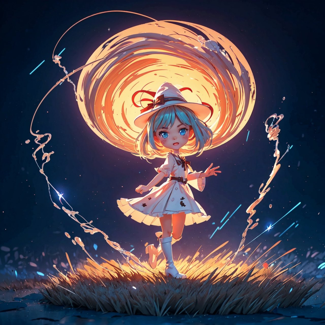 (dark background:1.33), start lights, ruins, full body, chibi, (18year old girl:1.5)), Anime SFW image, beautiful girl, slender figure, young adult, random poses, random angles, A composition that captures the whole body, detailed fan art, witch girl, splash art anime kawaii, bright witch, official artwork, witch hat commission, Cheerful, official fan art, cute art style, best quality, extreme light and shadow, magical wand, white thigh high boots, brown robe, white skirt, night view, bouncing hair, 1 girl, anime style, small face features, large expressive eyes, small nose, thin lips, small chin, soft hands, (realism: 1.2), petite, bangs, (trace the contour with detailed intricate white thin lined crackling shimmering vibrant lightning:1.3), (glowing:1.1), (shimmer and twinkl:1.2), luminism, breathtaking fusion of light, indelible impression, high quality, masterpiece, swirling luminescent ribbons, (halloween theme:1.15), 