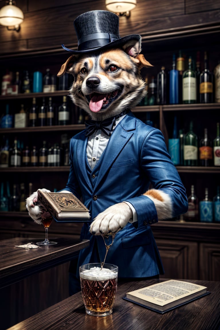 An imaginative image of an animal ((anthropomorphic dog)) bartender, complete with a lively personality and a friendly manner. The bartender wears a casual, bowler hat and a leather-bound book, revealing a myriad of fascinating stories and intriguing anecdotes. The warm, inviting atmosphere creates a sense of camaraderie and camaraderie is evident in the audience, many of whom share in this unique bond. standard lens, low light, shallow depth of field