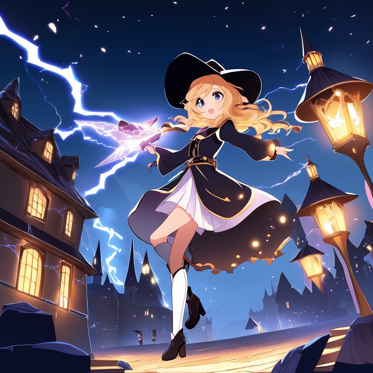 (dark background:1.33), start lights, ruins, full body, chibi, (18year old girl:1.5)), Anime SFW image, beautiful girl, slender figure, young adult, random poses, random angles, A composition that captures the whole body, detailed fan art, witch girl, splash art anime kawaii, bright witch, official artwork, witch hat commission, Cheerful, official fan art, cute art style, best quality, extreme light and shadow, magical wand, white thigh high boots, brown robe, white skirt, night view, bouncing hair, 1 girl, anime style, small face features, large expressive eyes, small nose, thin lips, small chin, soft hands, (realism: 1.2), petite, bangs, (trace the contour with detailed intricate white thin lined crackling shimmering vibrant lightning:1.3), (glowing:1.1), (shimmer and twinkl:1.2), luminism, breathtaking fusion of light, indelible impression, high quality, masterpiece, swirling luminescent ribbons, (halloween theme:1.15), 