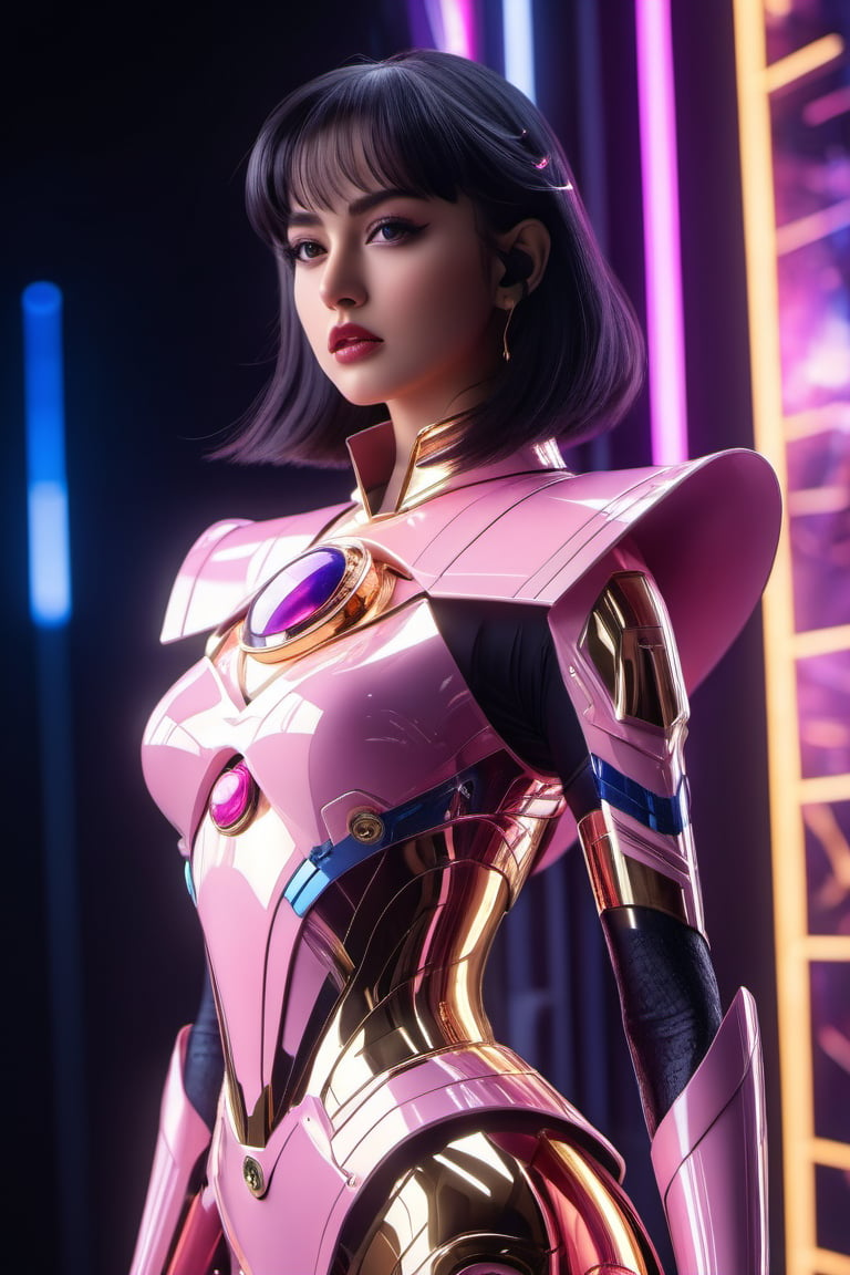 Beautiful sailor moon saturn in a pink reflective robotic suit, cyborg style, (long shot, full_body_view), Xenia Tchoumitcheva/Franziska Knuppe hybrid, out in space, stars, space battle, starships, 8k resolution concept art portrait by Greg Rutkowski, Artgerm, WLOP, random neon holographic, prismatic, dynamic lighting hyperdetailed intricately detailed Splash art trending on Artstation Unreal Engine 5 volumetric lighting golden ratio dynamic lighting retrofuturism cyberpunk 8k resolution synthwave vaporwave solarpunk futuristic retrofuturism, 