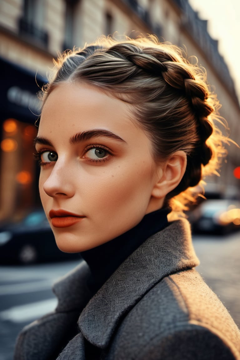 The background is a Paris alley, soft dof, BREAK (in the style of Ilya Kuvshinov:1.2, Tom Lovell:0.5), French Parisian xxmix_girl, masterpiece, best quality, detailed eyes, detailed face, detailed skin, detailed body, (upper body glamour portrait), a French Parisian woman with Amber Long double Dutch Braids hair, gazing the viewer with her bright gray eyes reflecting power and intrigue, a faint dimple gracing her left cheek when she offers a restrained smile, dark orange sleeveless turtleneck, 