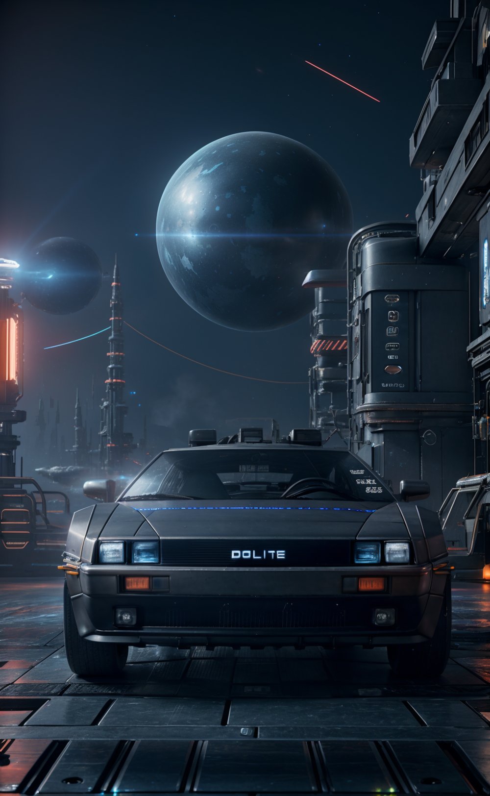 silent matte, blue-gray cinematic still of a futuristic delorean in deep space, surrounded by the oort cloud, intricate mechanical parts visible, highly detailed, intricate machinery, neon lights, cyberpunk, glowing lights, photorealism, unreal engine 5, octane, ray tracing, vfx, octane render