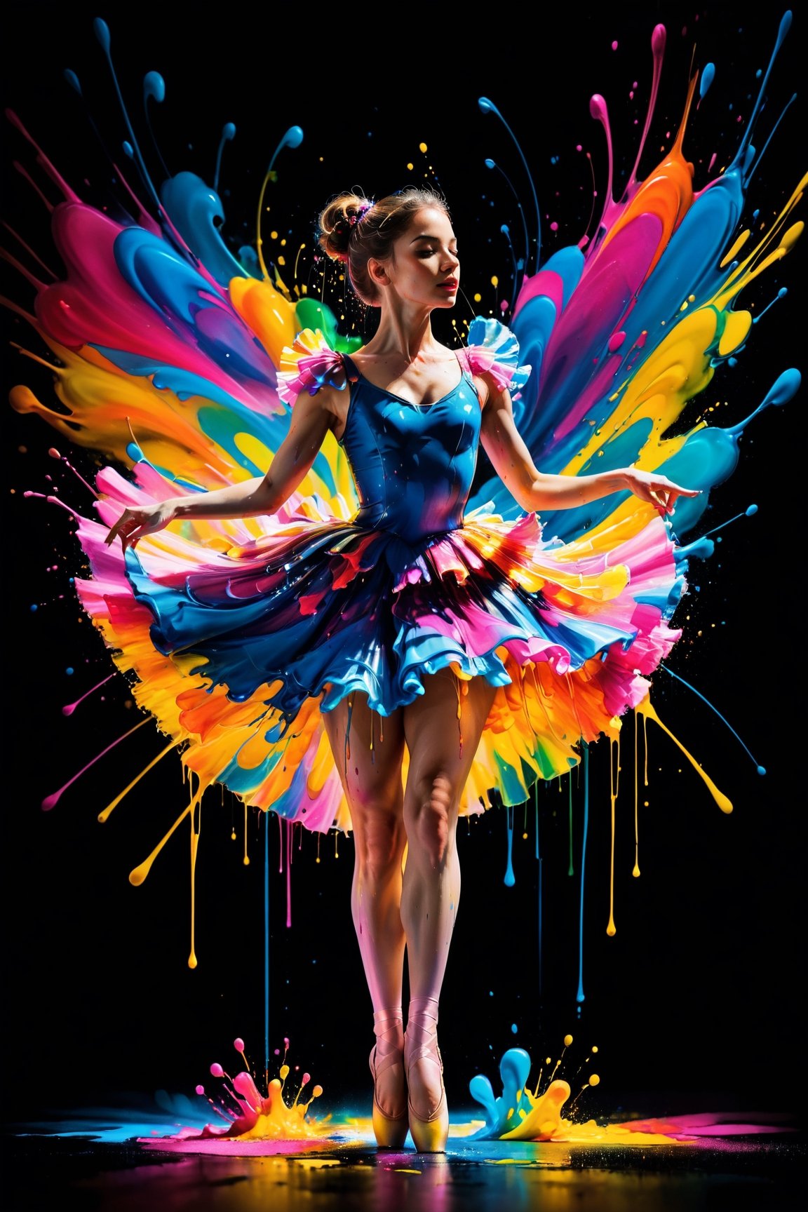 ColorART, Vibrant, dynamic, and colourful portrait photography featuring paint splashes. dripping paint, High-speed shutter, speedlight flash, long exposure. Blended light, artistic composition, amazing OHWX dressed as a ballerina, High-quality, ultra high-resolution image,