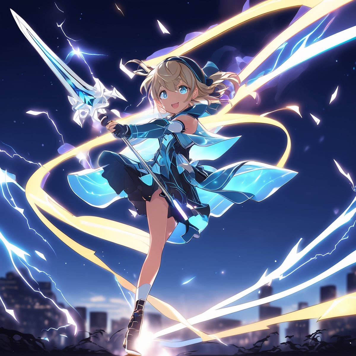(dark background:1.33), start lights, full body, chibi, (18year old girl:1.5)), Anime SFW image, beautiful girl, slender figure, young adult, random poses, random angles, A composition that captures the whole body, detailed fan art, splash art anime kawaii, official artwork, cheerful, official fan art, cute art style, best quality, best light and shadow, glowing magical staff, wearing Anime Sword Art Online GGO Sinon Cosplay Costume, night view, weightless bouncing hair, 1 girl, anime style, (correct human anatomy:1.5), (one head, two ears, two eyes, one nose, one mouth, two arms, two hands, two legs, five fingers on each hands:1.33), small face features, large expressive eyes, small nose, thin lips, small chin, soft hands, (realism: 1.2), petite, bangs, (trace the contour with detailed intricate white thin lined crackling shimmering vibrant lightning:1.3), (glowing:1.1), (shimmer and twinkl:1.2), luminism, breathtaking fusion of light, indelible impression, high quality, masterpiece, swirling luminescent ribbons, (halloween theme:1.15), 