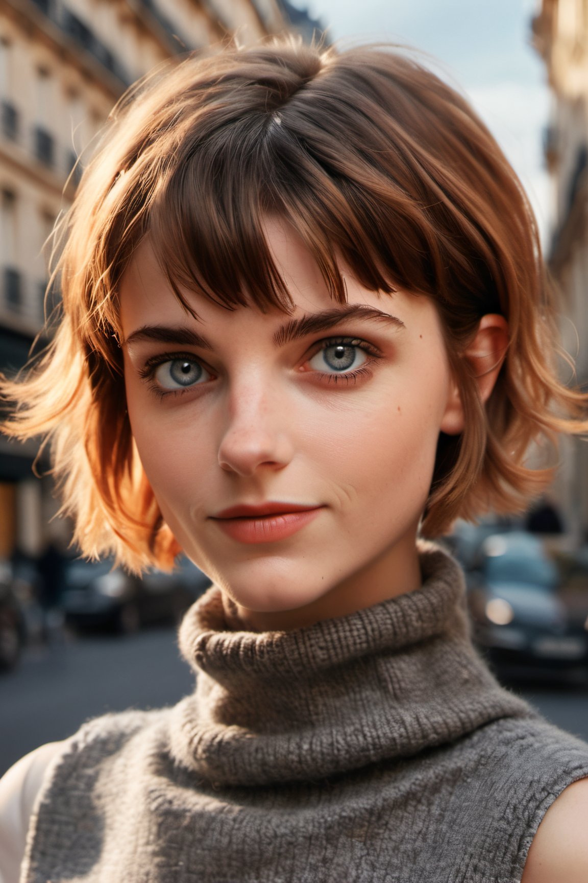 The background is a Paris alley, soft dof, BREAK (in the style of Ilya Kuvshinov:1.2, Tom Lovell:0.5), French Parisian xxmix_girl, masterpiece, best quality, detailed eyes, detailed face, detailed skin, detailed body, (upper body glamour portrait), a French Parisian woman with copper blunt bangs short hair, gazing the viewer with her bright gray eyes reflecting power and intrigue, a faint dimple gracing her left cheek when she offers a restrained smile, dark orange sleeveless turtleneck, 