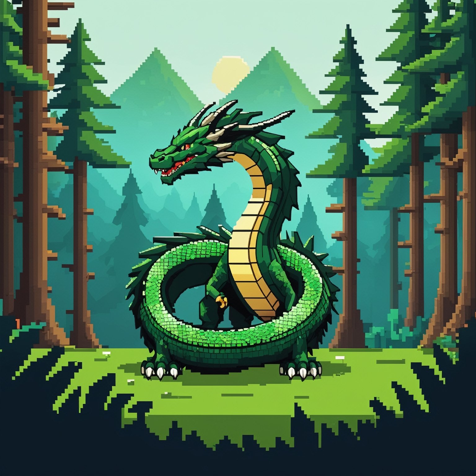 (parallax forest background),  (8-bit turbo graphics 16 game, pixel dragon with snake body), random body colors:1.15, 