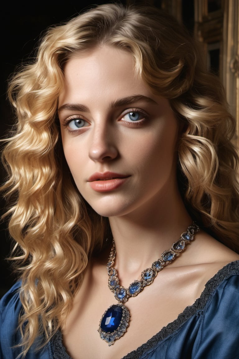 (in the style of Andrea Mantegna), Parisian xxmix_girl, masterpiece, best quality, detailed eyes, detailed face, detailed skin, detailed body, (glamour portrait), a Parisian woman with cascading curly blonde hair, gazing the viewer with her crystal blue eyes reflecting wisdom and mystery, a faint dimple gracing her left cheek when she offers a restrained smile, black v-neck shirt, and sapphire necklace adorning her neckline, 