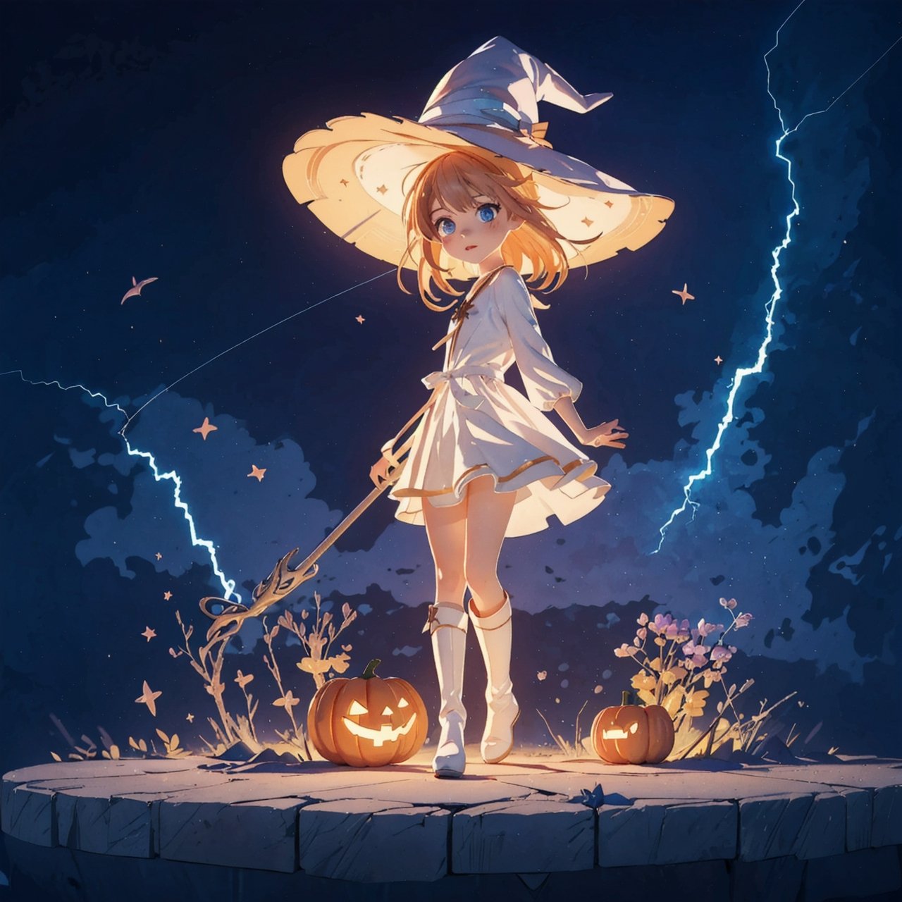 (dark background:1.33), start lights, ruins, full body, chibi, (18year old girl:1.5)), Anime SFW image, beautiful girl, slender figure, young adult, random poses, random angles, A composition that captures the whole body, detailed fan art, witch girl, splash art anime kawaii, bright witch, official artwork, witch hat commission, Cheerful, official fan art, cute art style, best quality, extreme light and shadow, magical wand, white thigh high boots, brown robe, white skirt, night view, bouncing hair, 1 girl, anime style, small face features, large expressive eyes, small nose, thin lips, small chin, soft hands, (realism: 1.2), petite, bangs, (trace the contour with detailed intricate white thin lined crackling shimmering vibrant lightning:1.3), (glowing:1.1), (shimmer and twinkl:1.2), luminism, breathtaking fusion of light, indelible impression, high quality, masterpiece, swirling luminescent ribbons, (halloween theme:1.15), 