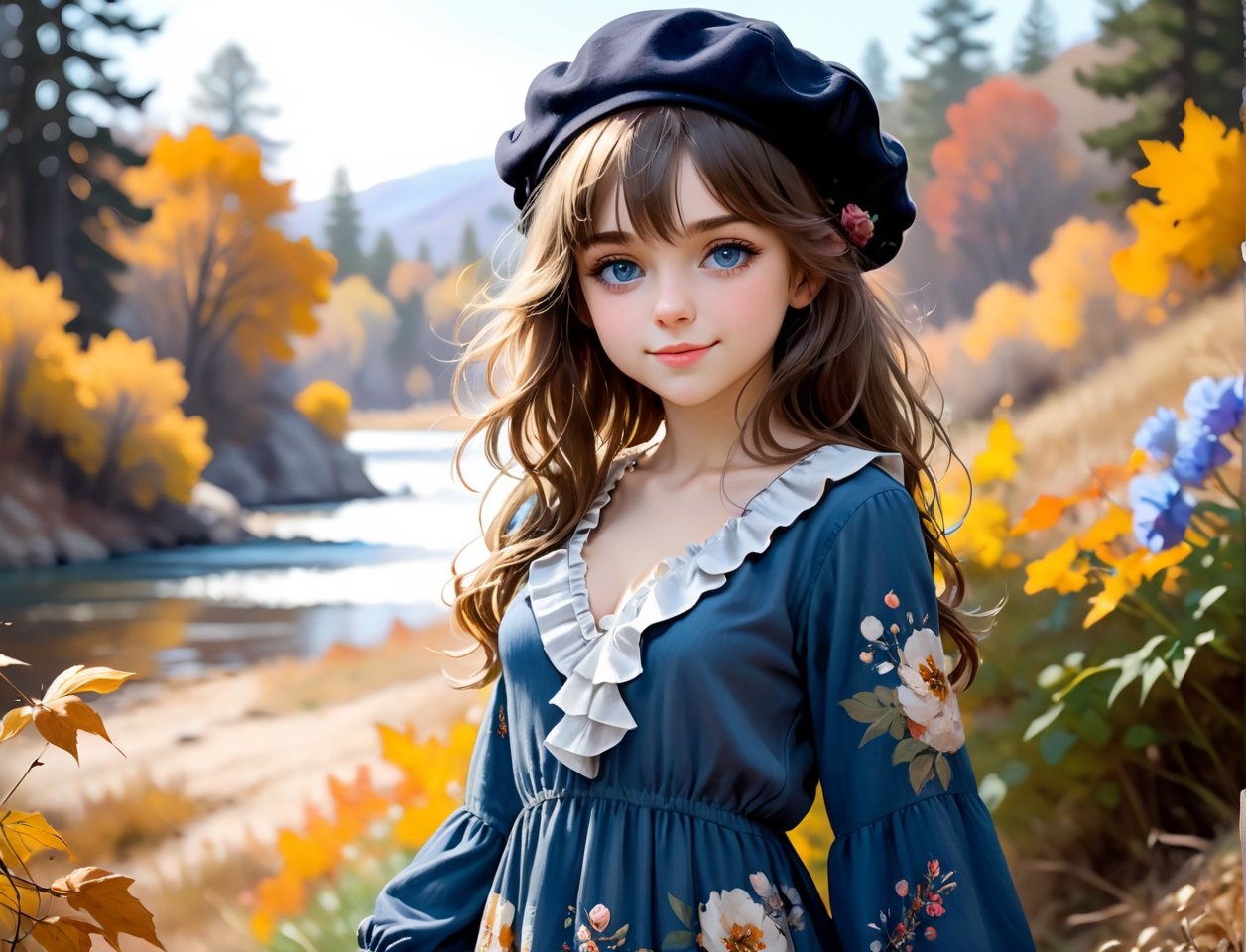 a masterpiece oil painting Portrait of a (chibi, kawaii:1.4), 22 year old, (Petite girl:1.4), (cute detailed blue round eyes, captivating eyes, beautiful detailed grey long hair, Oversized Newsboy Beret), smile, looking at viewer, blush, (beautiful detailed Fall Spring Deep V Neck Ruffle Long Sleeve Floral Print Mini Dress with many frills:1.4), cowboy shot, (dramatic,fantasy world, white background, simple background:1.4),wind, soft natural lighting, soft pastel colors, in the style of richly detailed genre paintings, delicate brushstrokes, claude monet, intricate, in the style of russ mills, michael garmash, charming sketches, mono-ha, contemporary asian art, lilia alvarado, concise brushwork, ,Anime ,hentai