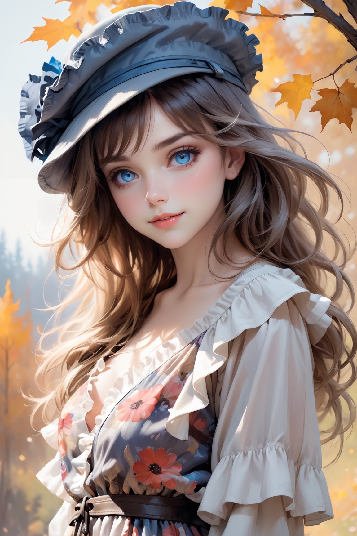 a masterpiece oil painting Portrait of a (chibi, kawaii:1.4), 22 year old, (Petite girl:1.4), (cute detailed blue round eyes, captivating eyes, beautiful detailed grey long hair, Oversized Newsboy Beret), smile, looking at viewer, blush, (beautiful detailed Fall Spring Deep V Neck Ruffle Long Sleeve Floral Print Mini Dress with many frills:1.4), cowboy shot, (dramatic,fantasy world, white background, simple background:1.4),wind, soft natural lighting, soft pastel colors, in the style of richly detailed genre paintings, delicate brushstrokes, claude monet, intricate, in the style of russ mills, michael garmash, charming sketches, mono-ha, contemporary asian art, lilia alvarado, concise brushwork, ,Anime 