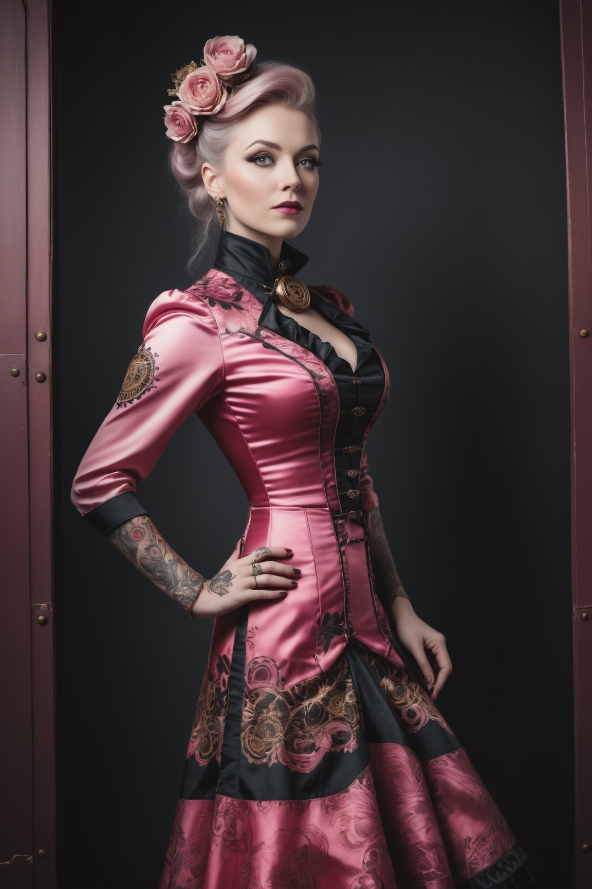 at full height a white woman in an pink steampunk dress poses against the dark, in the style of painted khokhloma, high contrast black and white, dark red and dark gold, paleocore, flickr, tattoo, Movie, Diagonal Angle Asymmetrical hyperrealistic, 8k, photography, detailed skin, global illumination, highly detailed, high detail raw color, diffused soft lighting