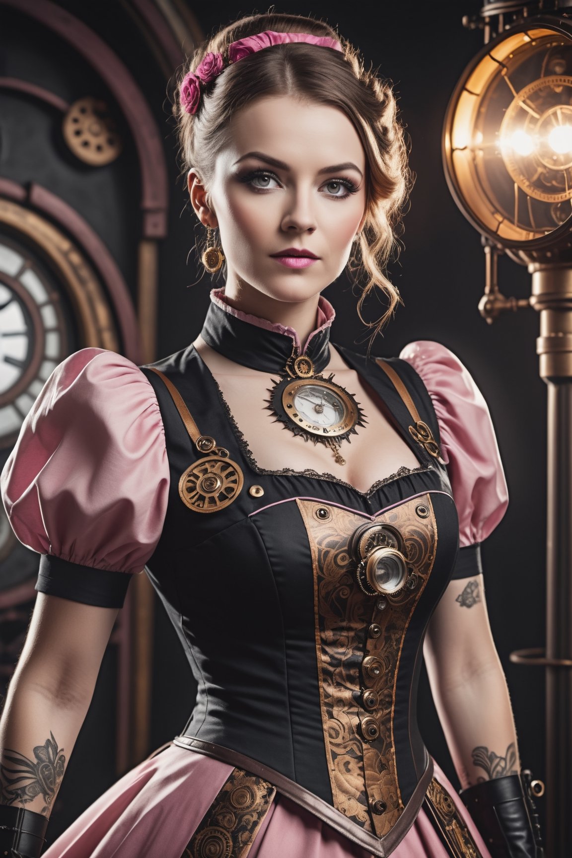 at full height a white woman in an pink steampunk dress poses against the dark, in the style of painted khokhloma, high contrast black and white, dark red and dark gold, paleocore, flickr, tattoo, Movie, Diagonal Angle Asymmetrical hyperrealistic, 8k, photography, detailed skin, global illumination, highly detailed, high detail raw color, diffused soft lighting,steampunk style