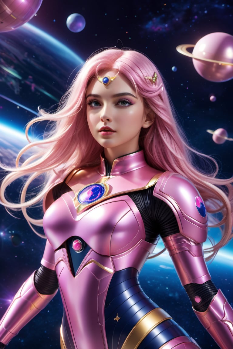 (wide_angle _view, full_body_shot), (zero gravity, weightlessness, floating in space, floating_hair), Beautiful sailor moon saturn in a pink reflective robotic suit, cyborg style, Xenia Tchoumitcheva/Franziska Knuppe hybrid, (in space, stars, space battle, starships, light rails, light particles), 8k resolution concept art portrait by Greg Rutkowski, Artgerm, WLOP, random neon holographic, prismatic, dynamic lighting hyperdetailed intricately detailed Splash art trending on Artstation Unreal Engine 5 volumetric lighting golden ratio dynamic lighting retrofuturism cyberpunk 8k resolution synthwave vaporwave solarpunk futuristic retrofuturism, 