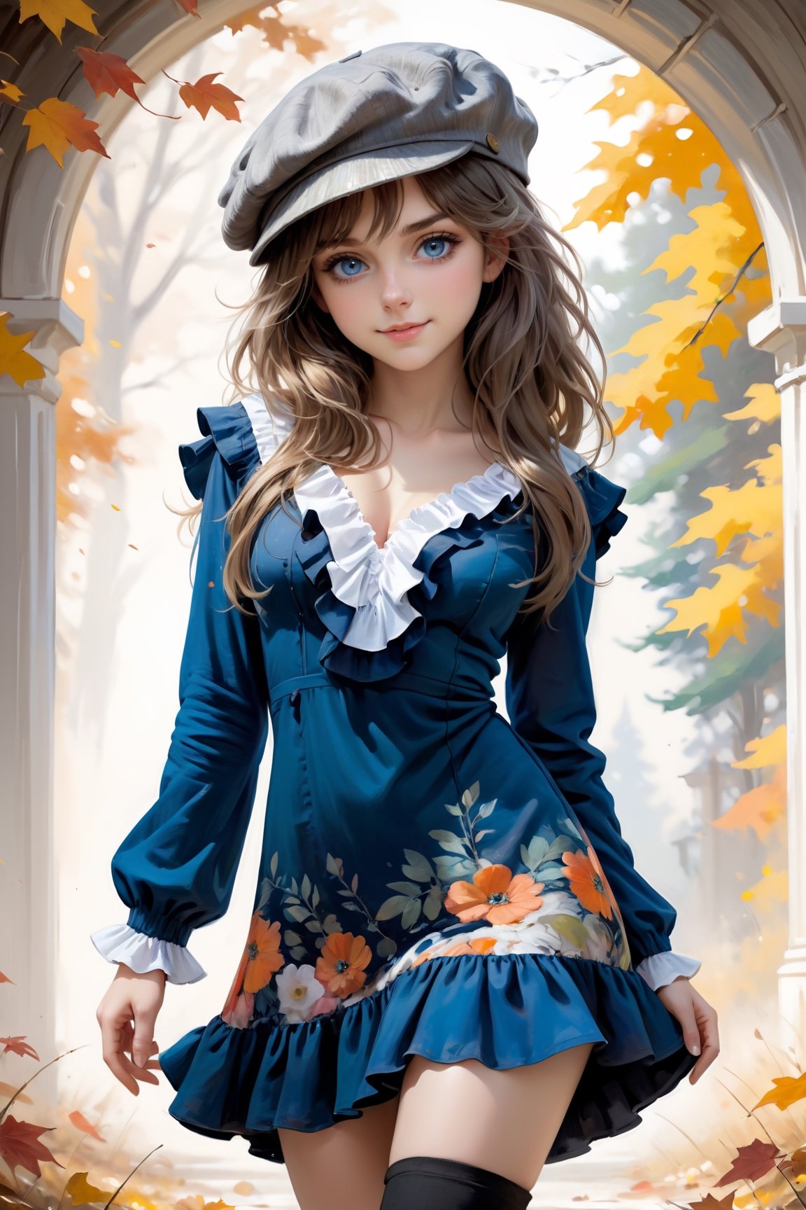 a masterpiece oil painting Portrait of a (chibi, kawaii:1.4), 22 year old, (Petite girl:1.4), (cute detailed blue round eyes, captivating eyes, beautiful detailed grey long hair, Oversized Newsboy Beret), smile, looking at viewer, blush, (beautiful detailed Fall Spring Deep V Neck Ruffle Long Sleeve Floral Print Mini Dress with many frills:1.4), cowboy shot, (dramatic,fantasy world, white background, simple background:1.4),wind, soft natural lighting, soft pastel colors, in the style of richly detailed genre paintings, delicate brushstrokes, claude monet, intricate, in the style of russ mills, michael garmash, charming sketches, mono-ha, contemporary asian art, lilia alvarado, concise brushwork, ,Anime ,hentai