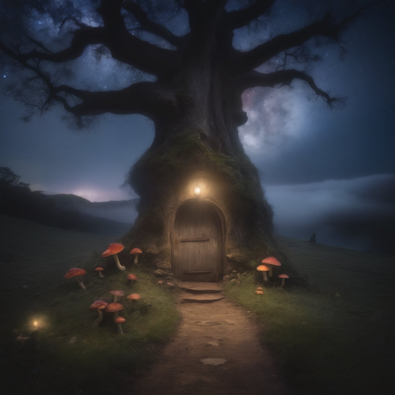 (Hasselblad 35mm, Award Winner, (photorealistic)), nightime, a montainous landscape, eerie mist, faery tales, mystical tree of life in center, luminescent faerie mushroom ring, nebula, starry sky, harmonious, sublime, serenity, luminescent fireflies swirling around tree, rustic path leading to a magical glowing door inside tree, 