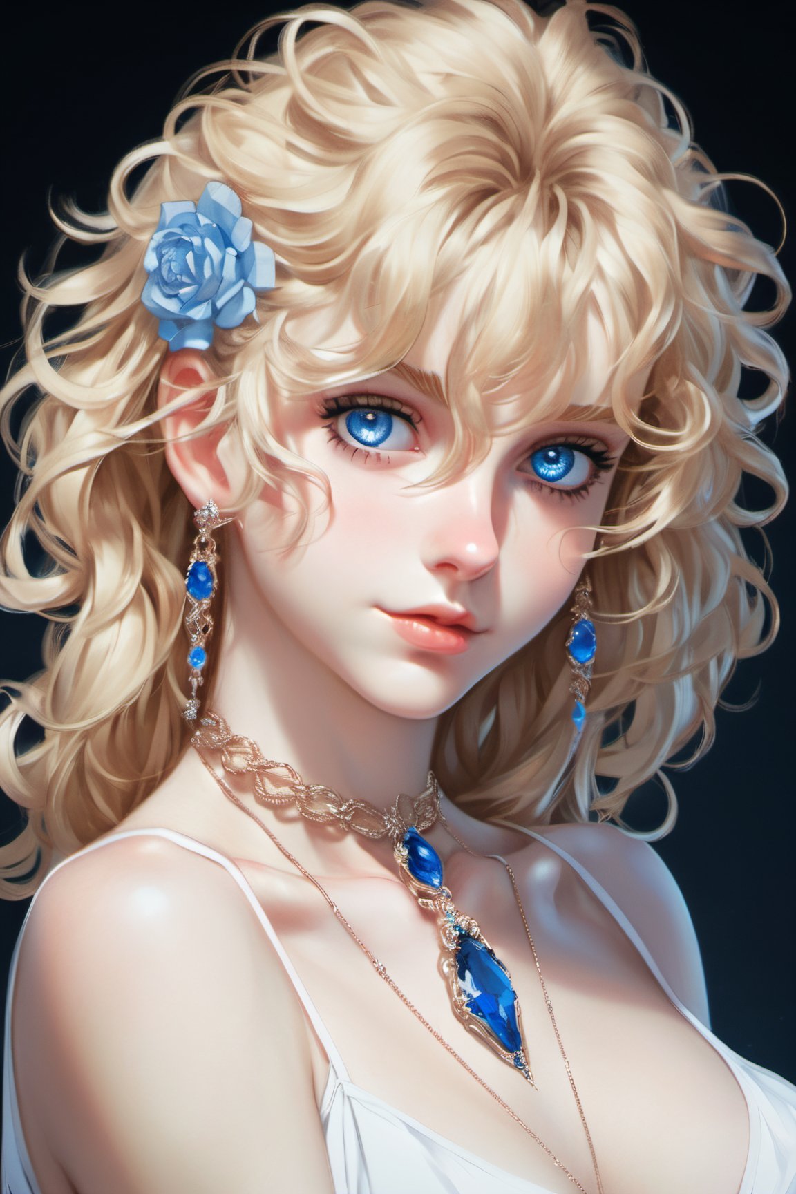 (in the style of Ilya Kuvshinov), Parisian xxmix_girl, masterpiece, best quality, detailed eyes, detailed face, detailed skin, detailed body, (glamour portrait), a Parisian woman with cascading curly blonde hair, gazing the viewer with her crystal blue eyes reflecting wisdom and mystery, a faint dimple gracing her left cheek when she offers a restrained smile, black v-neck shirt, and sapphire necklace adorning her neckline, 