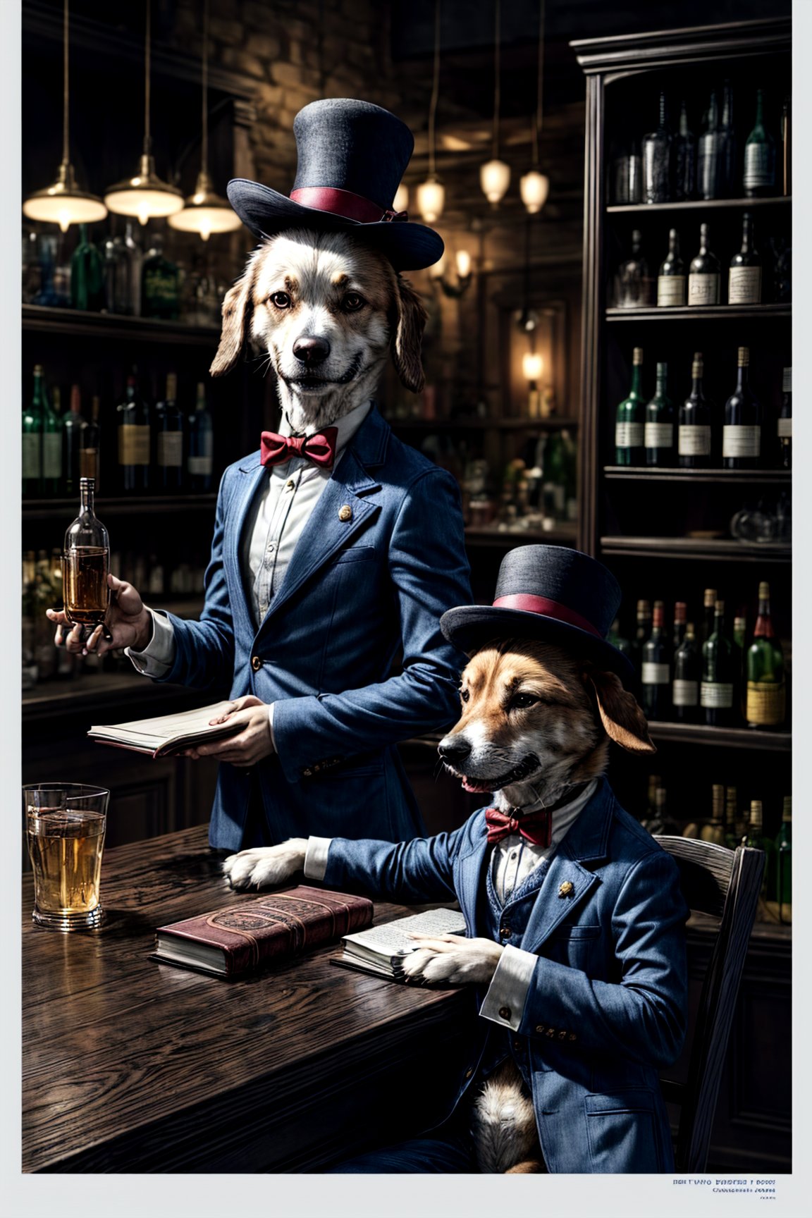 An imaginative image of an animal ((anthropomorphic dog)) bartender, complete with a lively personality and a friendly manner. The bartender wears a casual, bowler hat and a leather-bound book, revealing a myriad of fascinating stories and intriguing anecdotes. The warm, inviting atmosphere creates a sense of camaraderie and camaraderie is evident in the audience, many of whom share in this unique bond. standard lens, low light, shallow depth of field